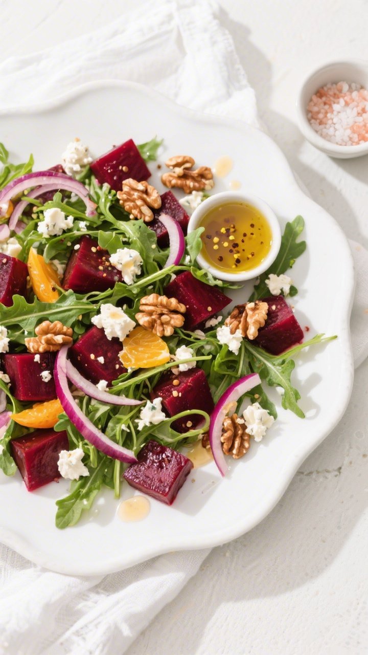 Tasty top view: Overhead shot of Roasted Beet and Arugula Salad arranged on a large white ceramic pl