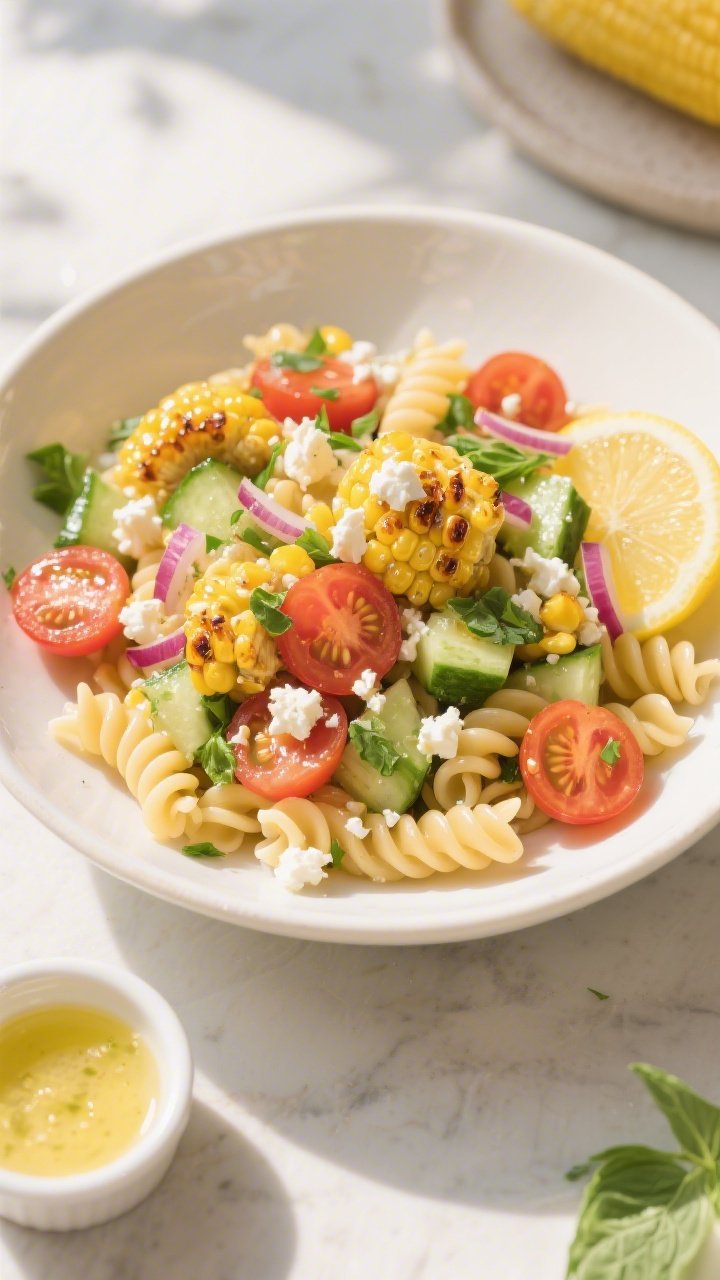Tasty top view — Overhead shot of Roasted Corn and Tomato Pasta Salad: rotini coated in a glossy l