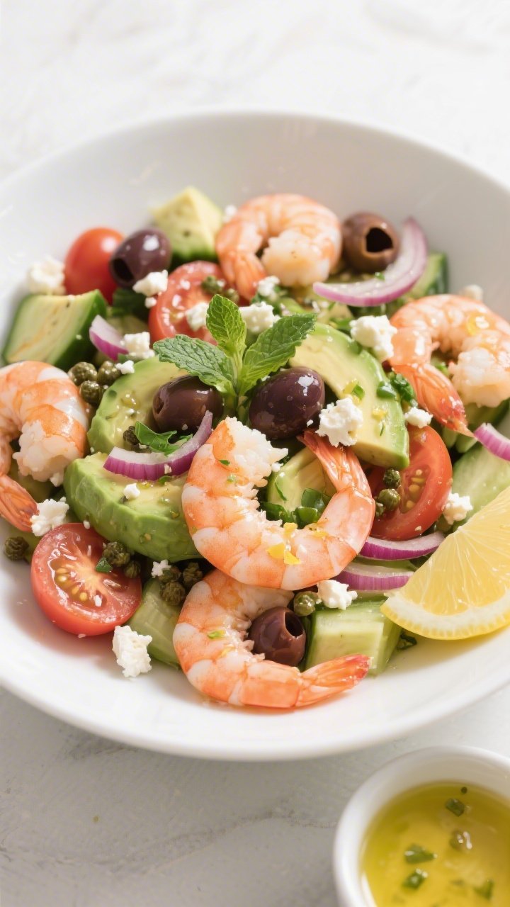 Tasty top view: Overhead shot of the assembled Mediterranean Shrimp and Avocado Salad in a wide, sha