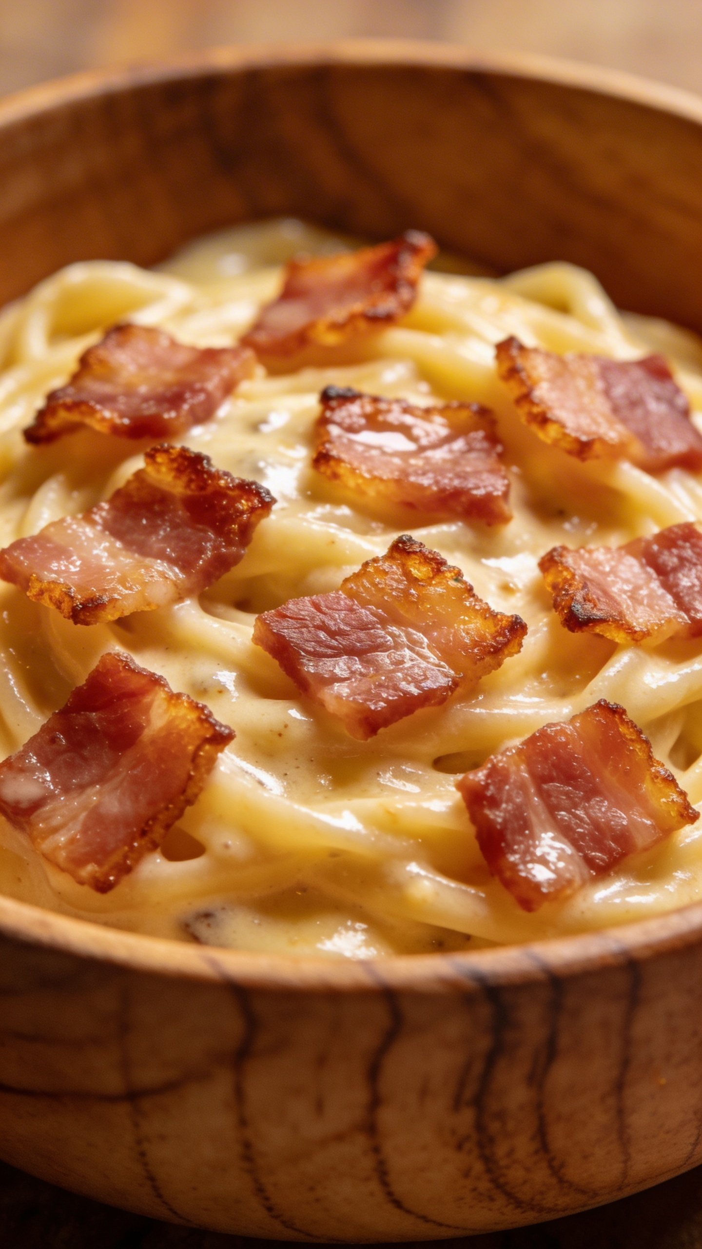[RECIPE 1] closeup pancetta bits atop creamy pasta in wooden bowl