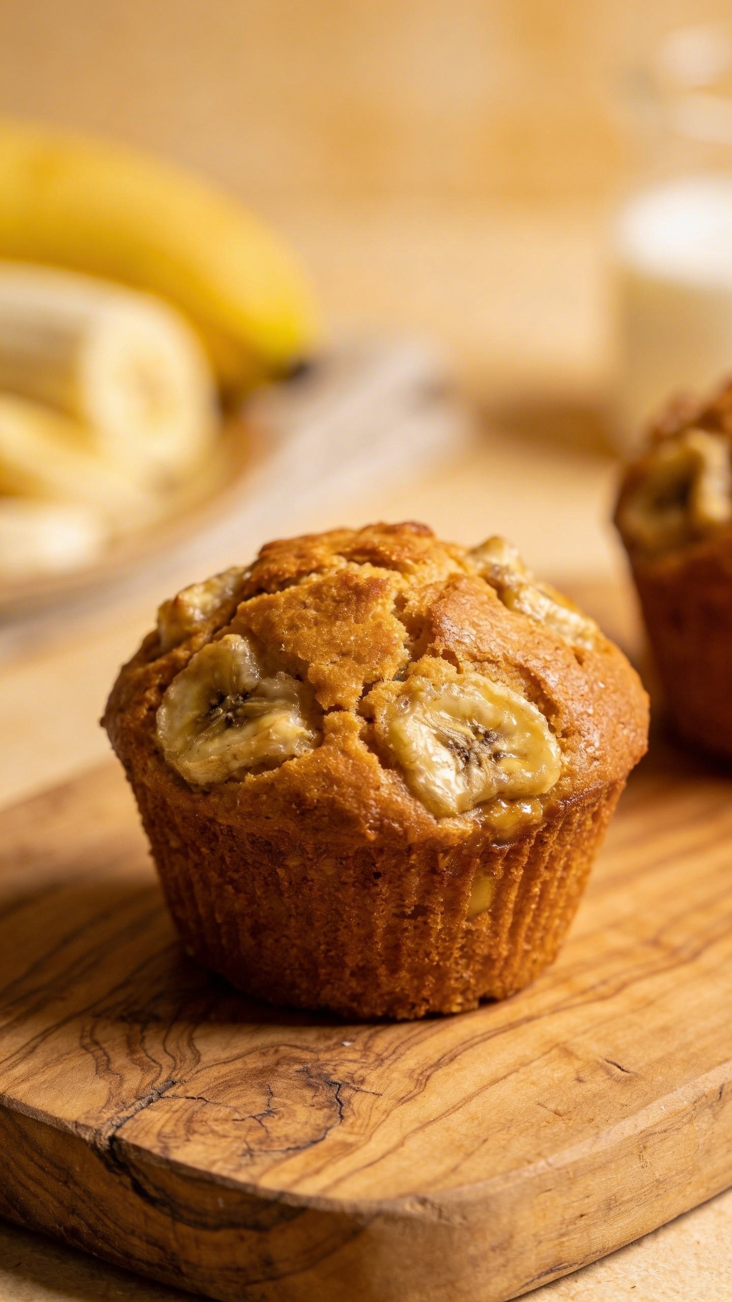 [HERO] closeup banana muffin on rustic wooden board