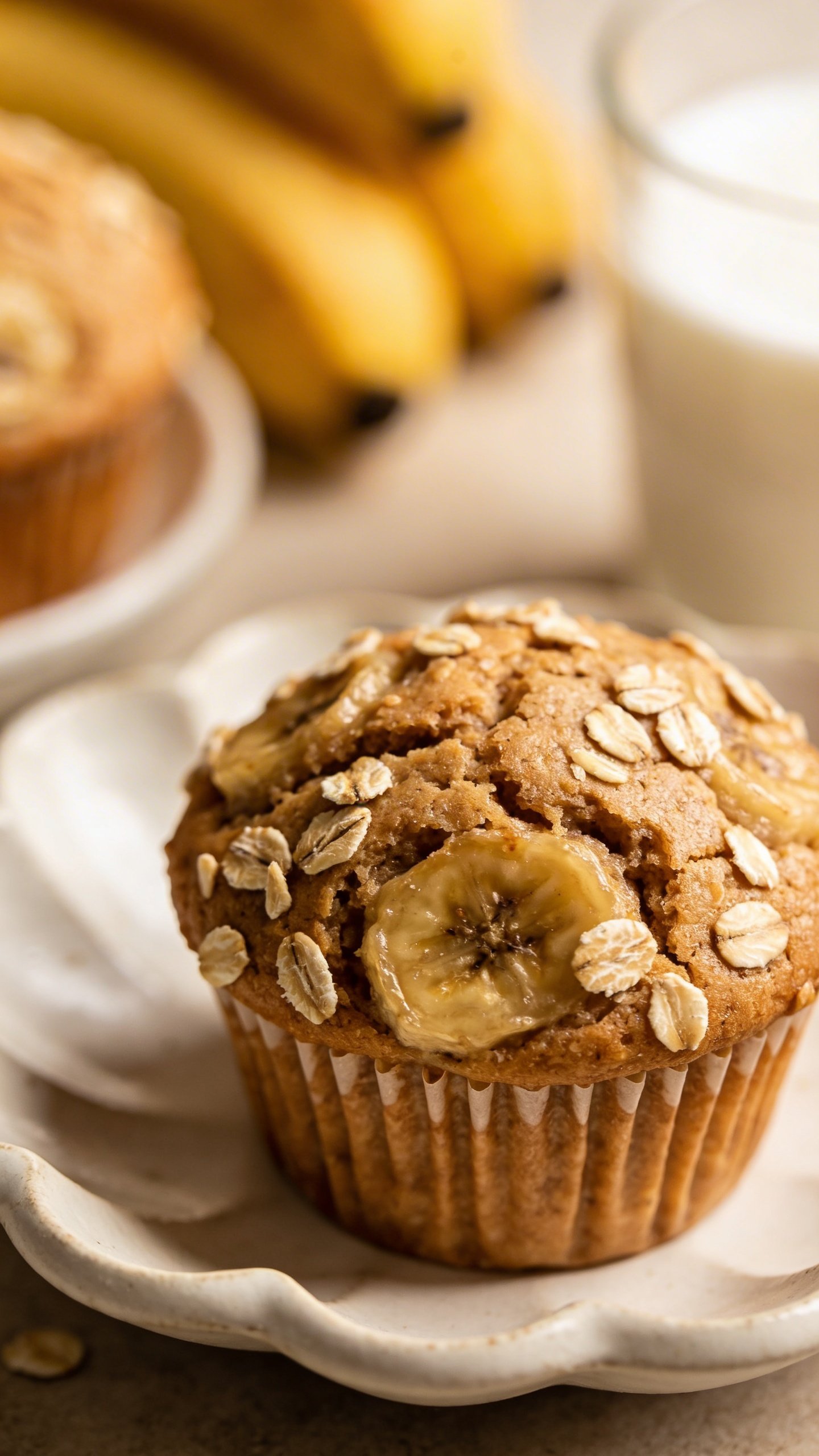[RECIPE 1] closeup banana oat muffin on white ceramic dish