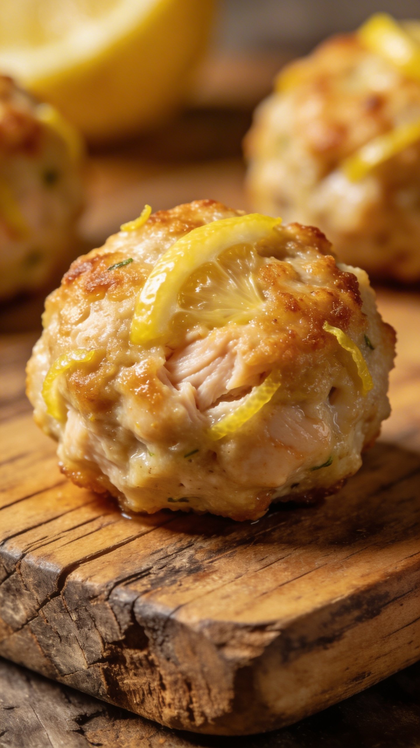 [HERO] closeup lemon chicken meatball on rustic wooden board