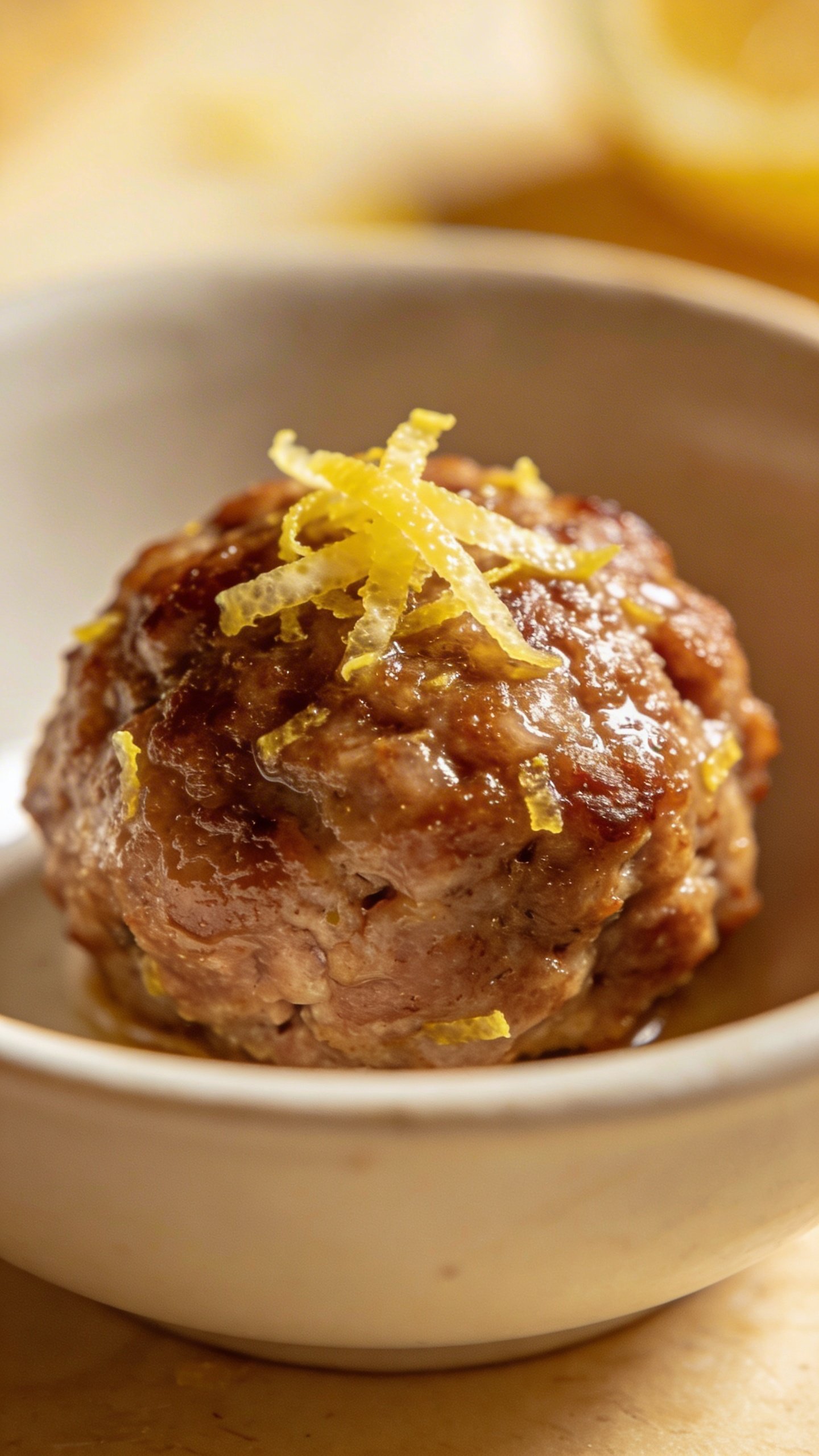 [RECIPE 1] zoomed meatball with lemon zest, white dish backdrop