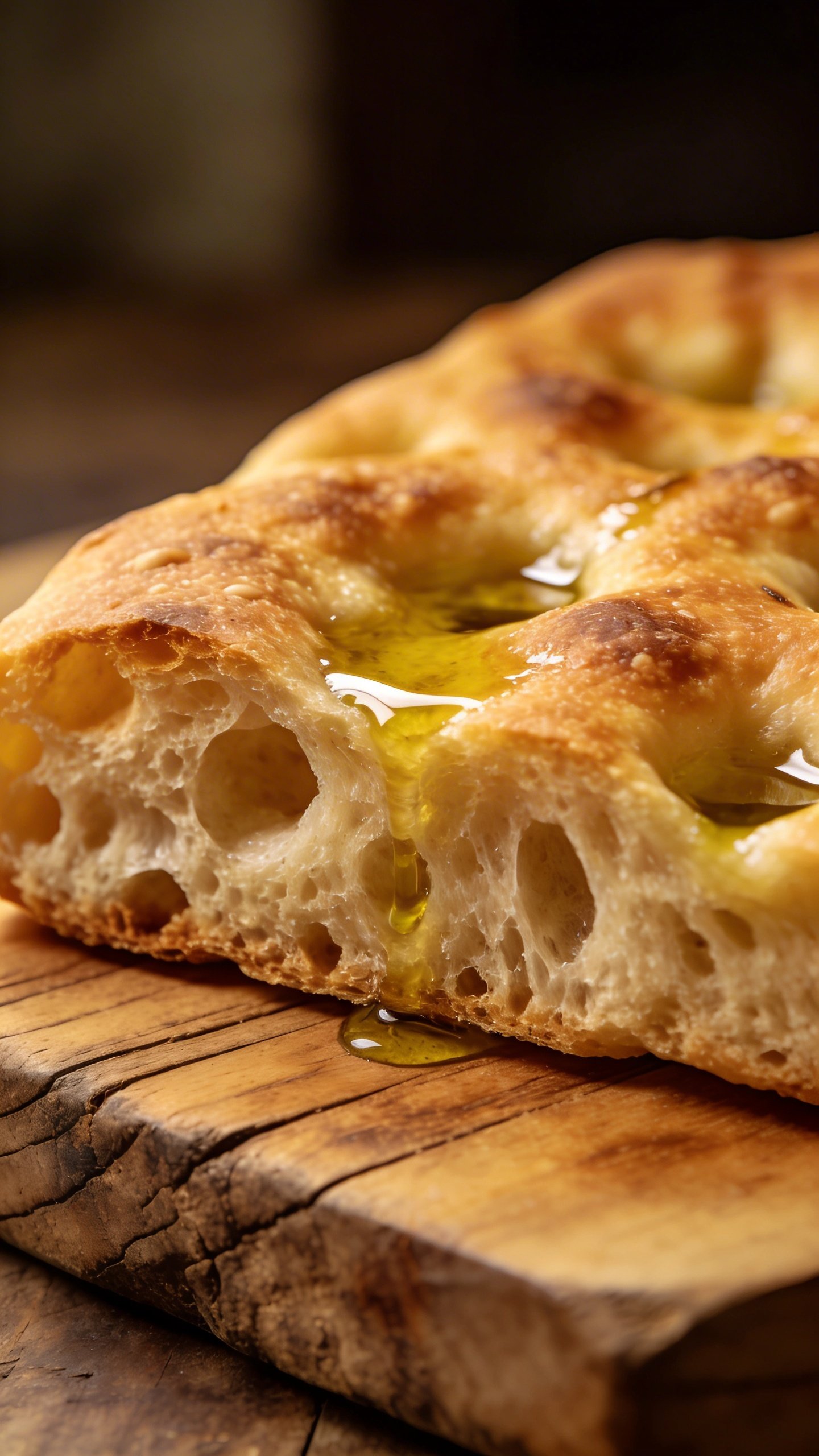 [HERO] focaccia crust closeup on rustic wood board