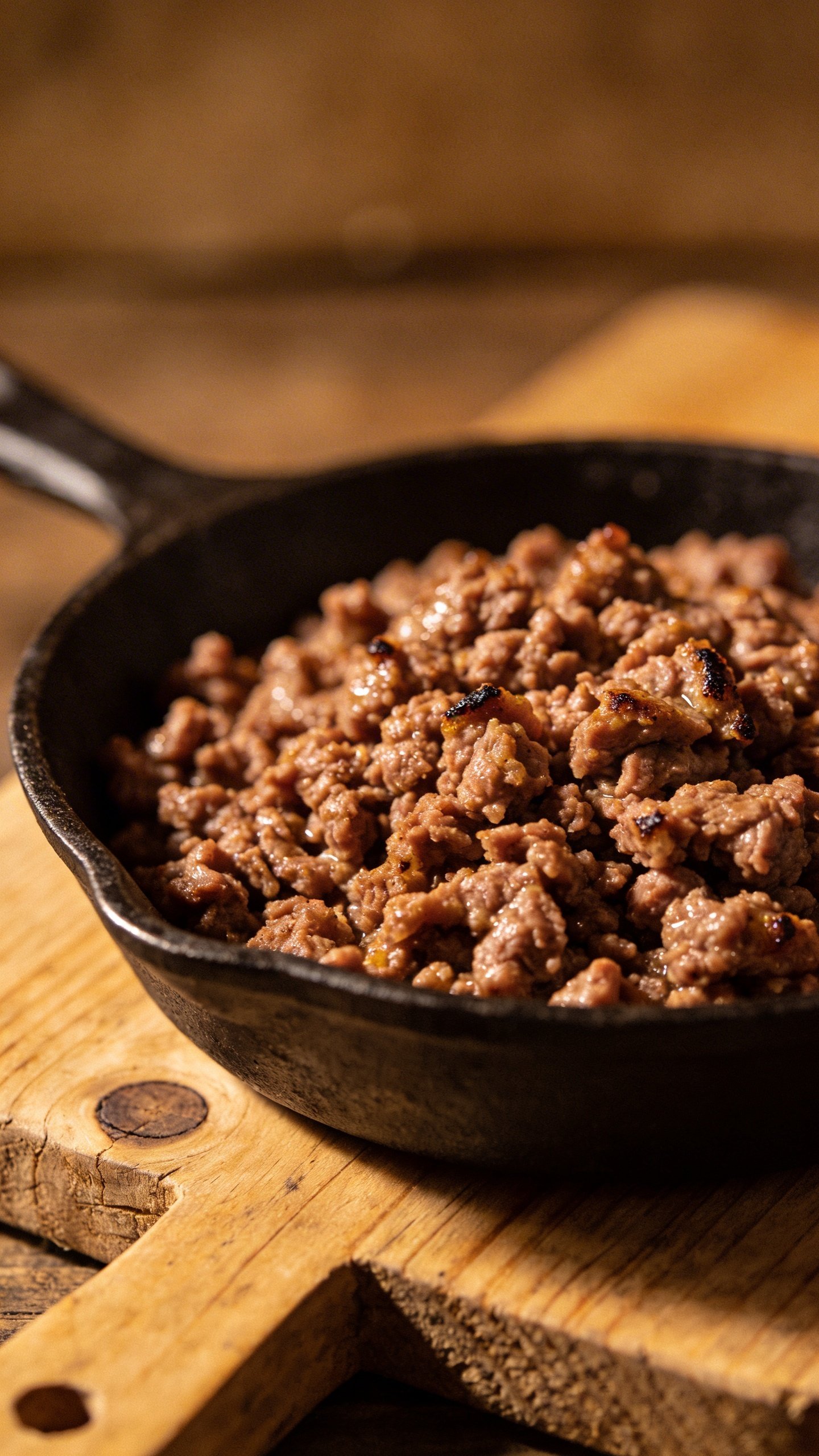 [HERO] closeup ground beef skillet on rustic wooden board