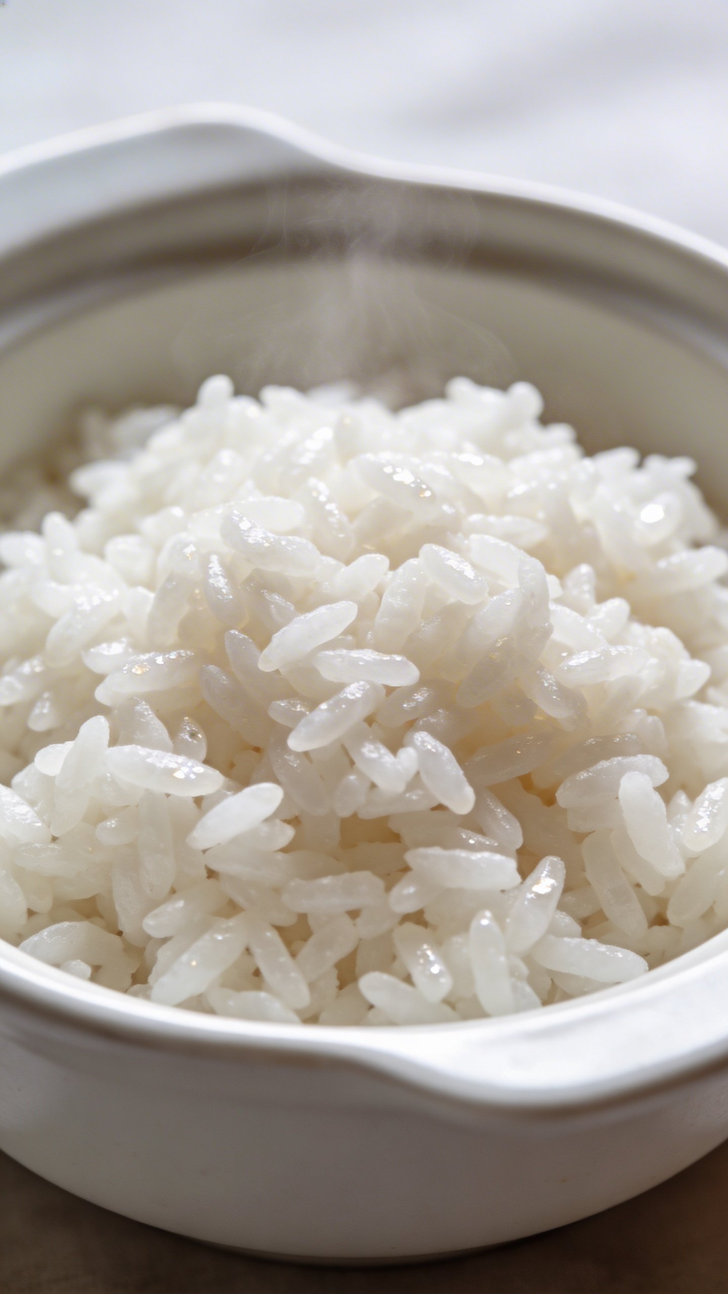 [RECIPE 1] closeup fluffy rice grains in white ceramic dish