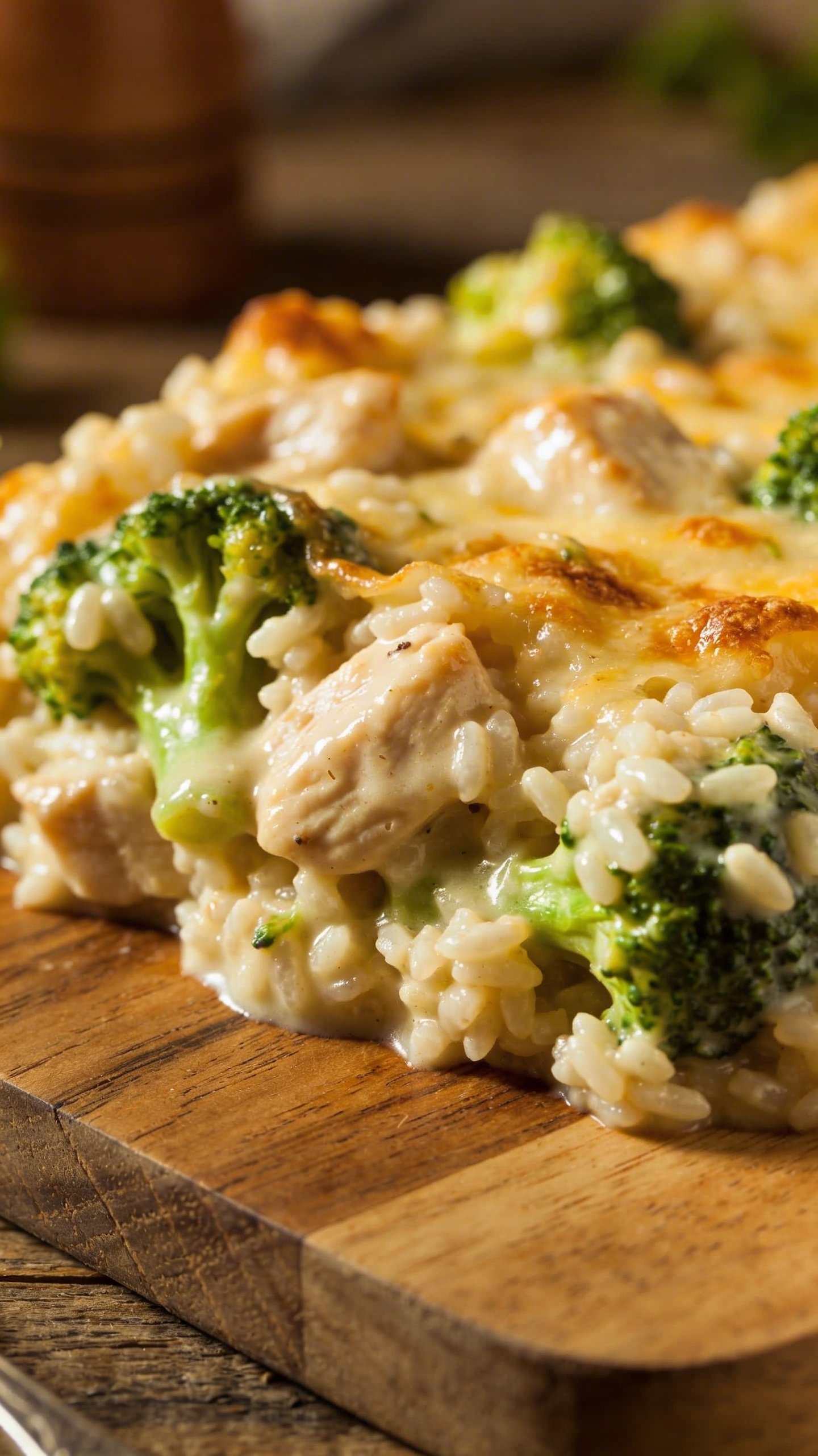 [HERO] closeup creamy chicken broccoli rice casserole on wooden board