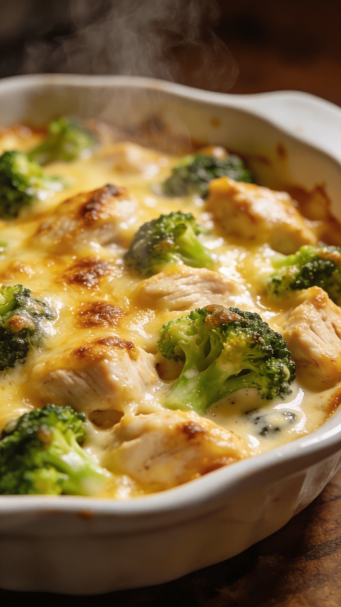 [RECIPE 1] closeup cheesy chicken broccoli casserole in white dish