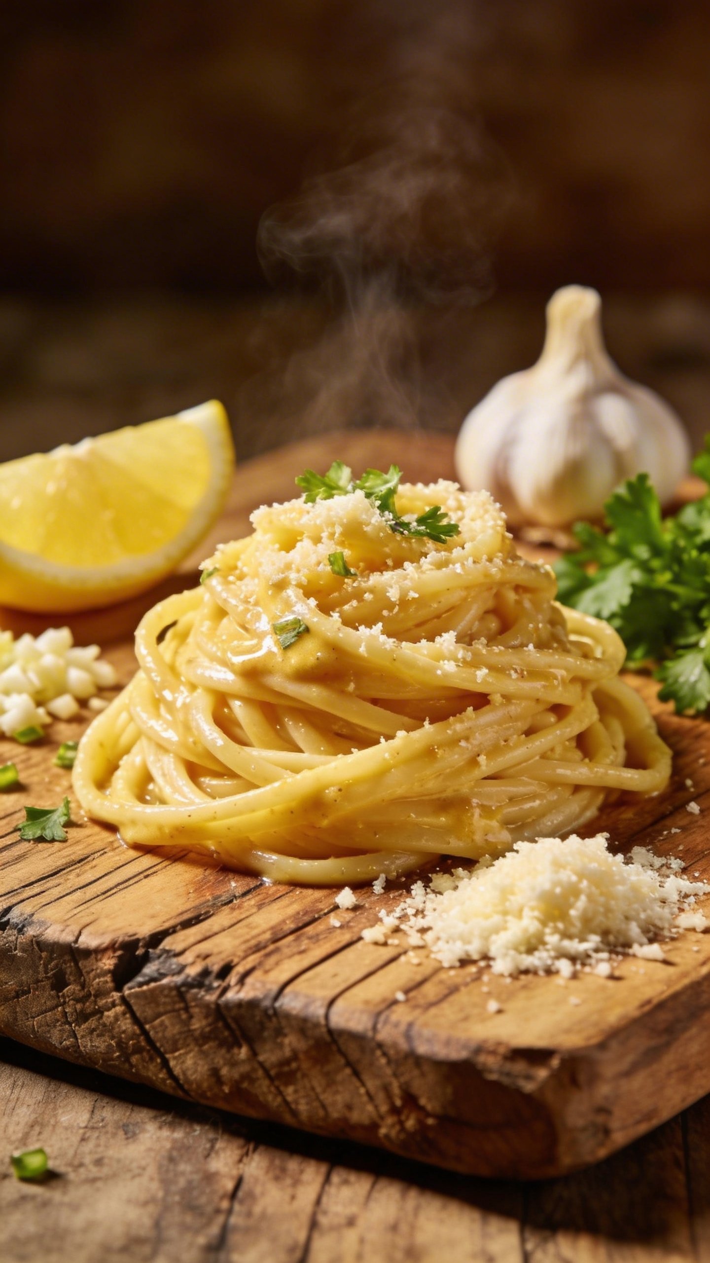[HERO] closeup lemon garlic parmesan pasta on rustic wooden board