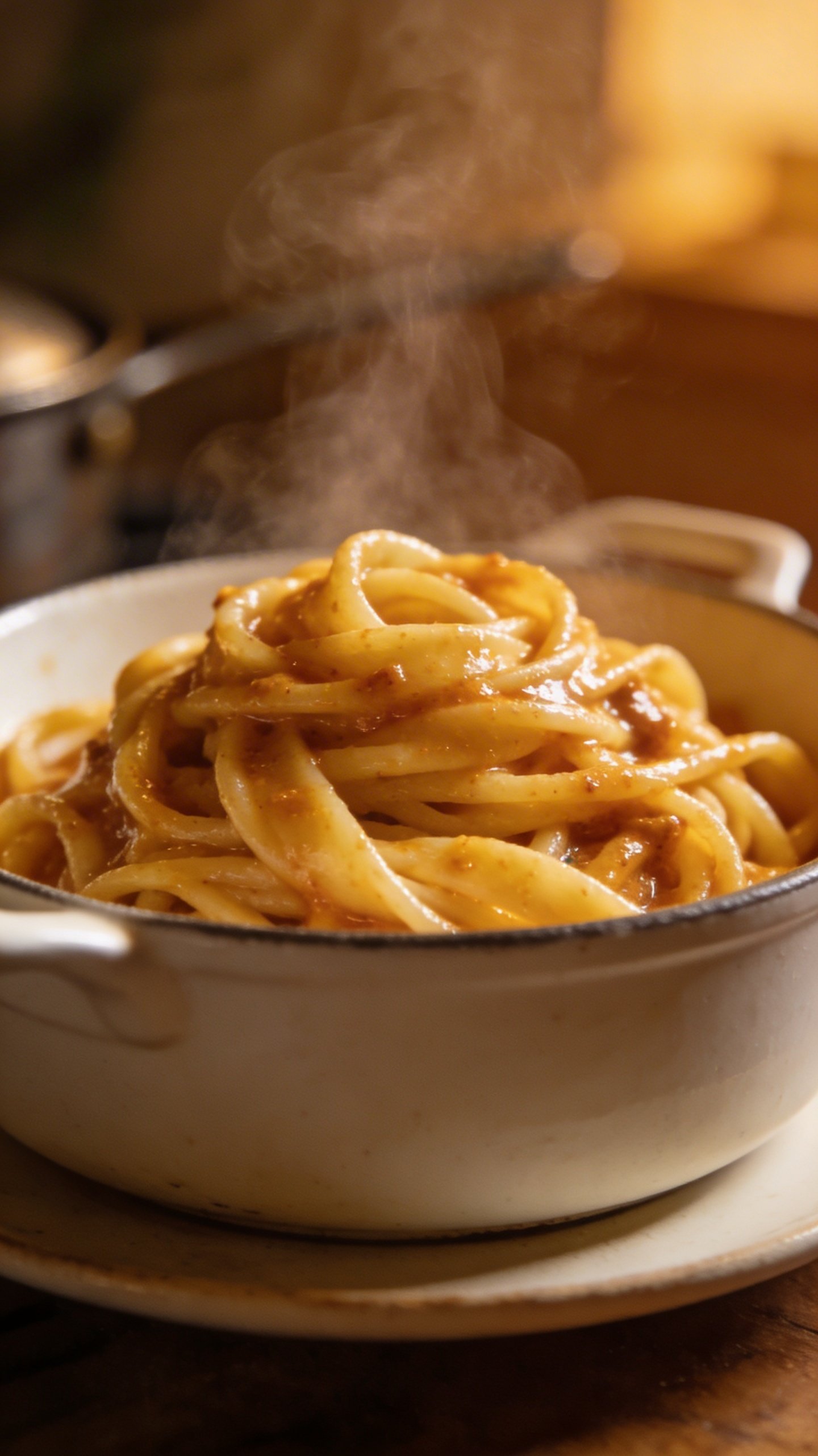 [RECIPE 1] closeup single pot pasta with steam on white dish