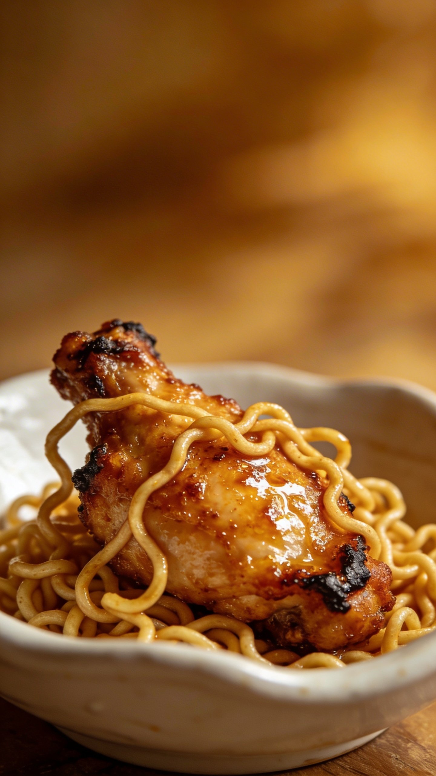 [RECIPE 1] closeup of ramen stir-fry chicken piece on dish