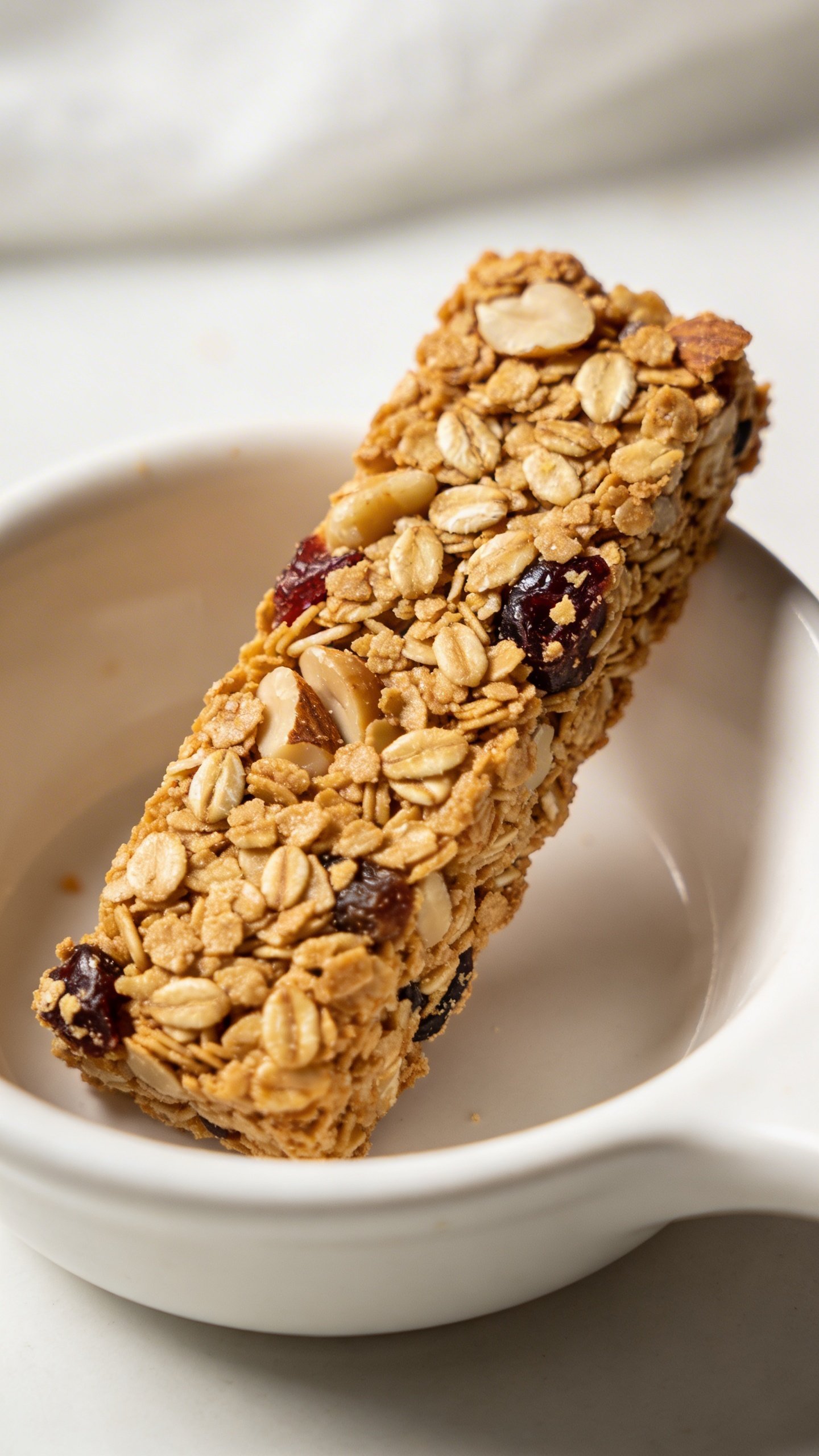 [RECIPE 1] single granola bar on white ceramic dish