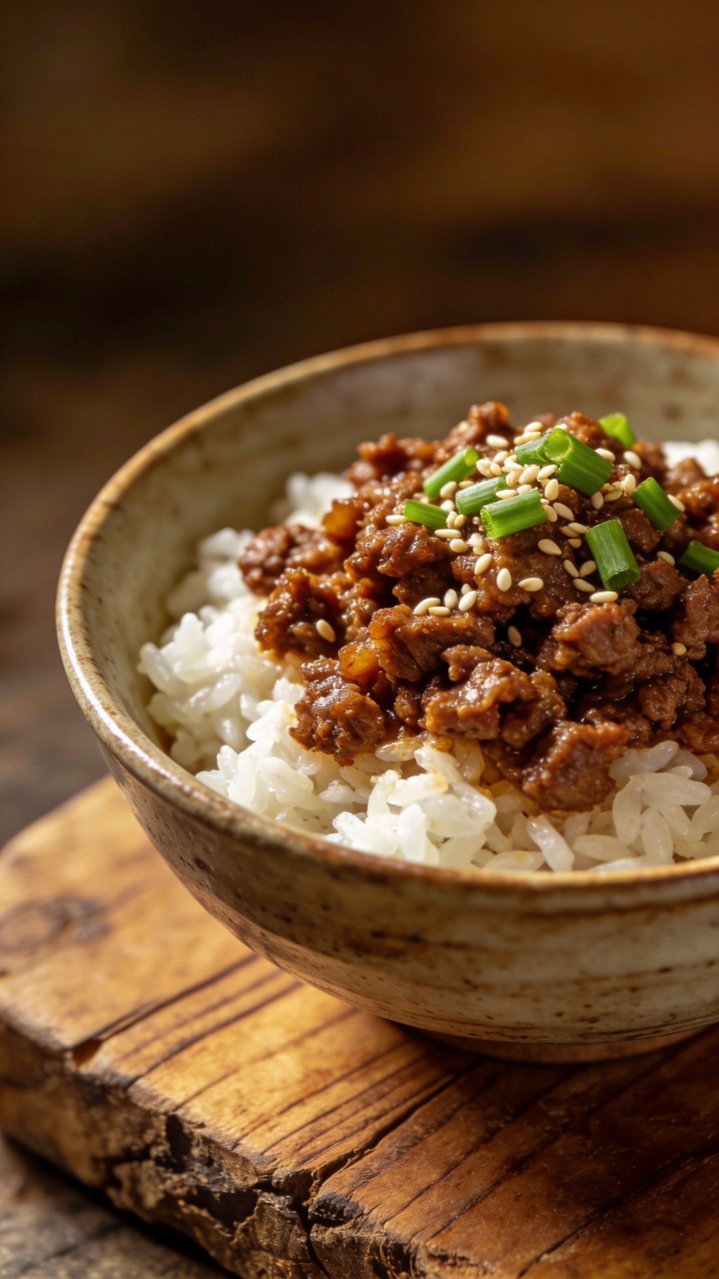 [HERO] closeup Korean ground beef bowl on rustic wood board