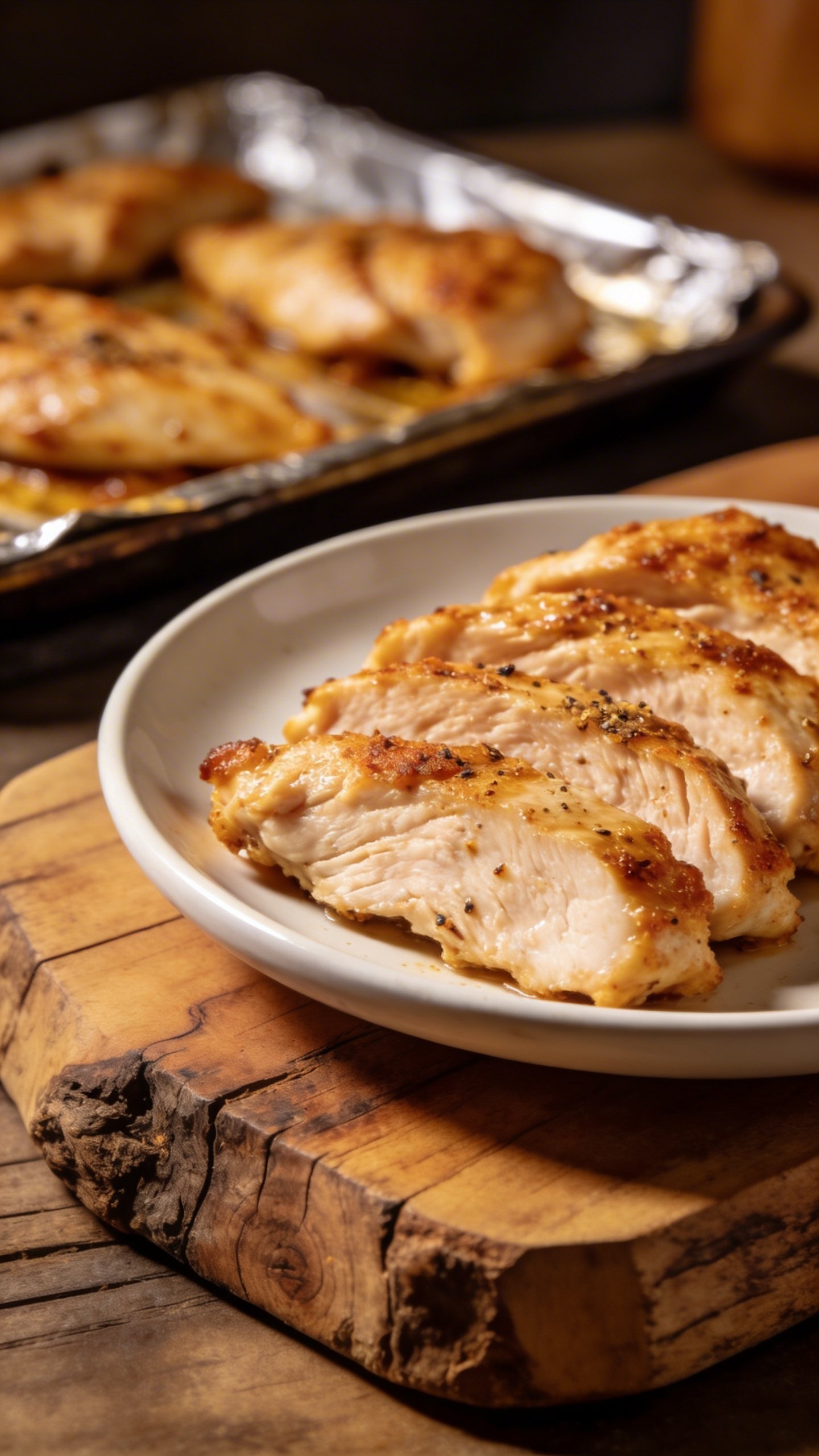 [CLOSING] sheet-pan chicken slice on white plate, rustic board