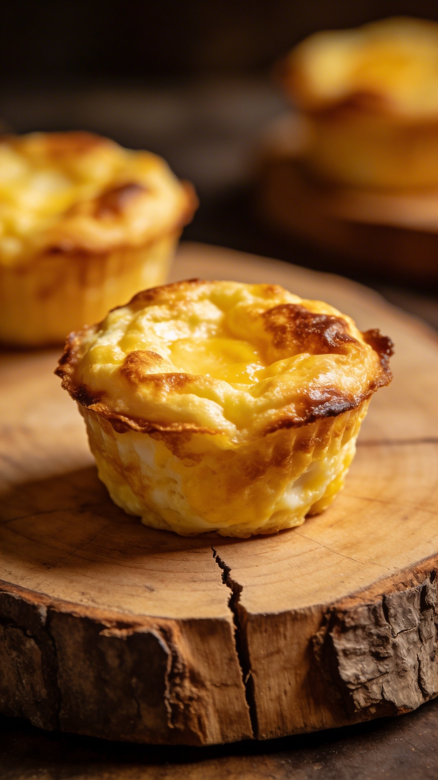 [HERO] closeup egg muffin on rustic wooden board, shallow depth