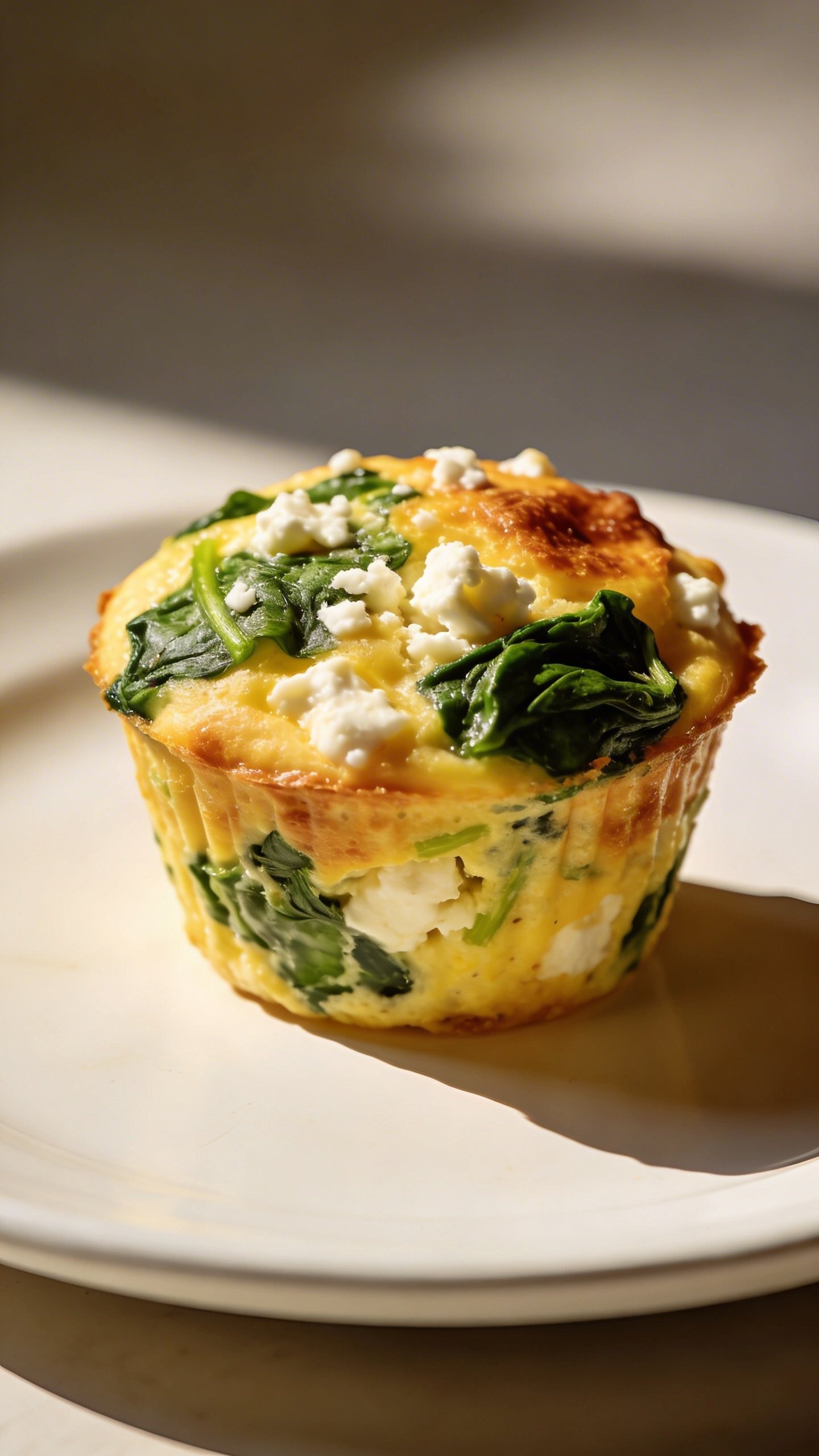 [RECIPE 1] single spinach and feta egg muffin on white dish, side light