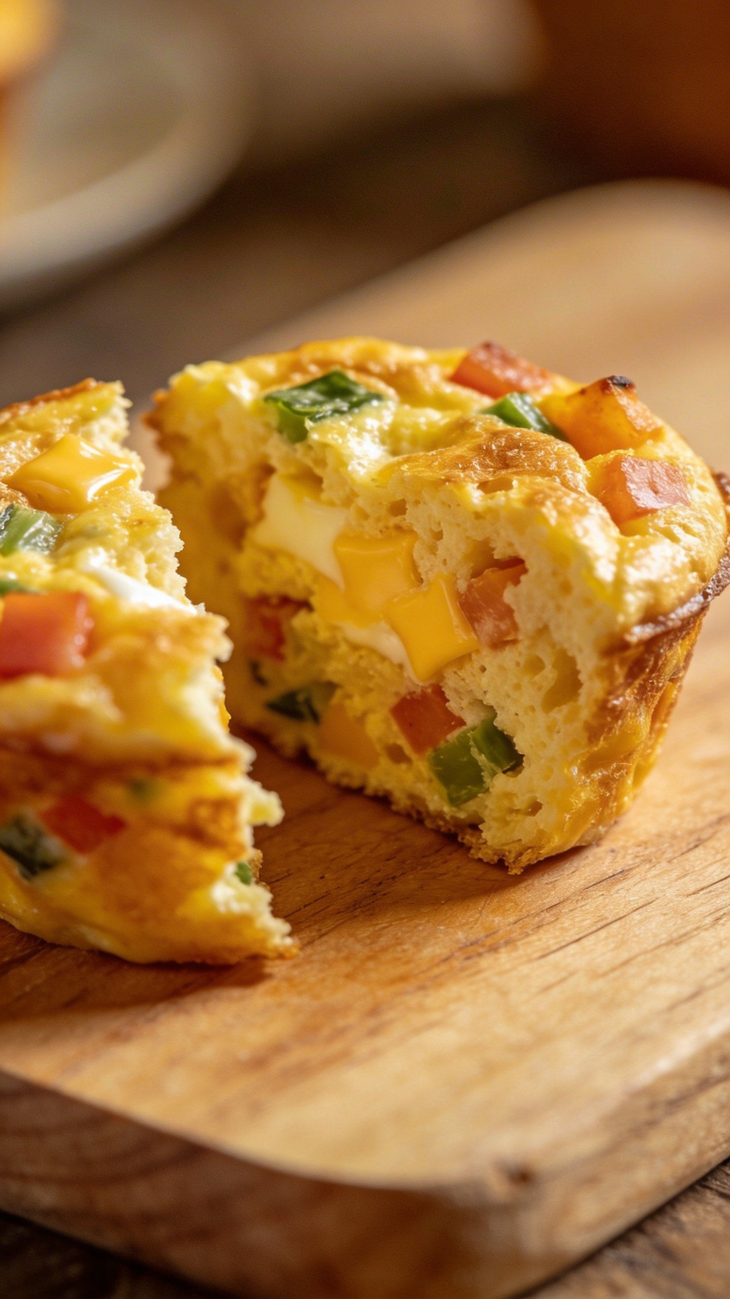 [RECIPE 2] closeup egg muffin partially sliced on wooden board, warm tones
