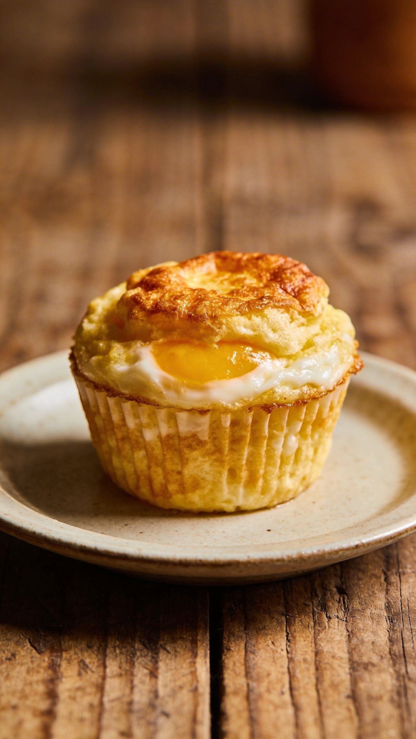[CLOSING] plated egg muffin on rustic wood, soft natural light