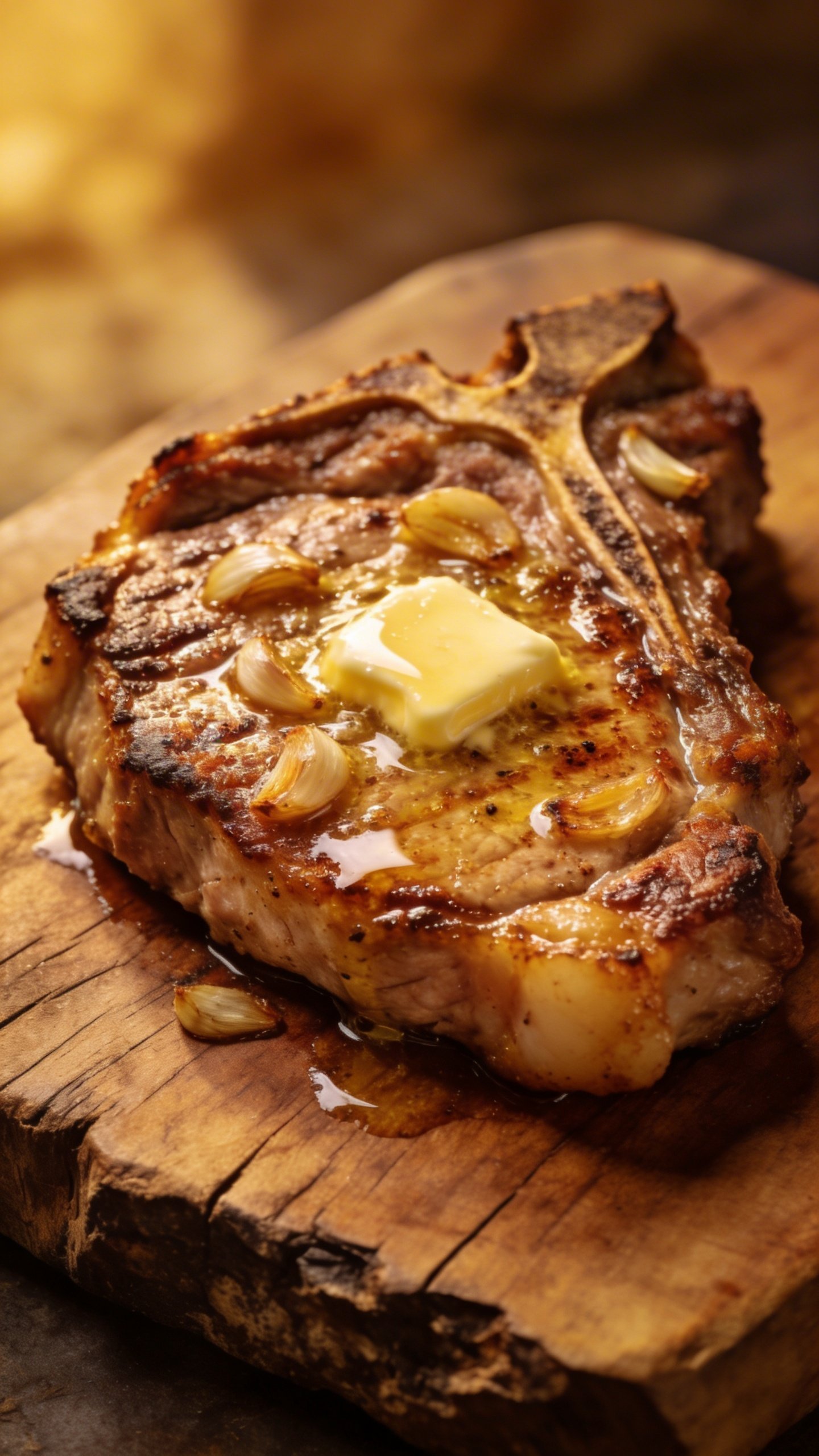 [HERO] closeup garlic butter pork chop on rustic board
