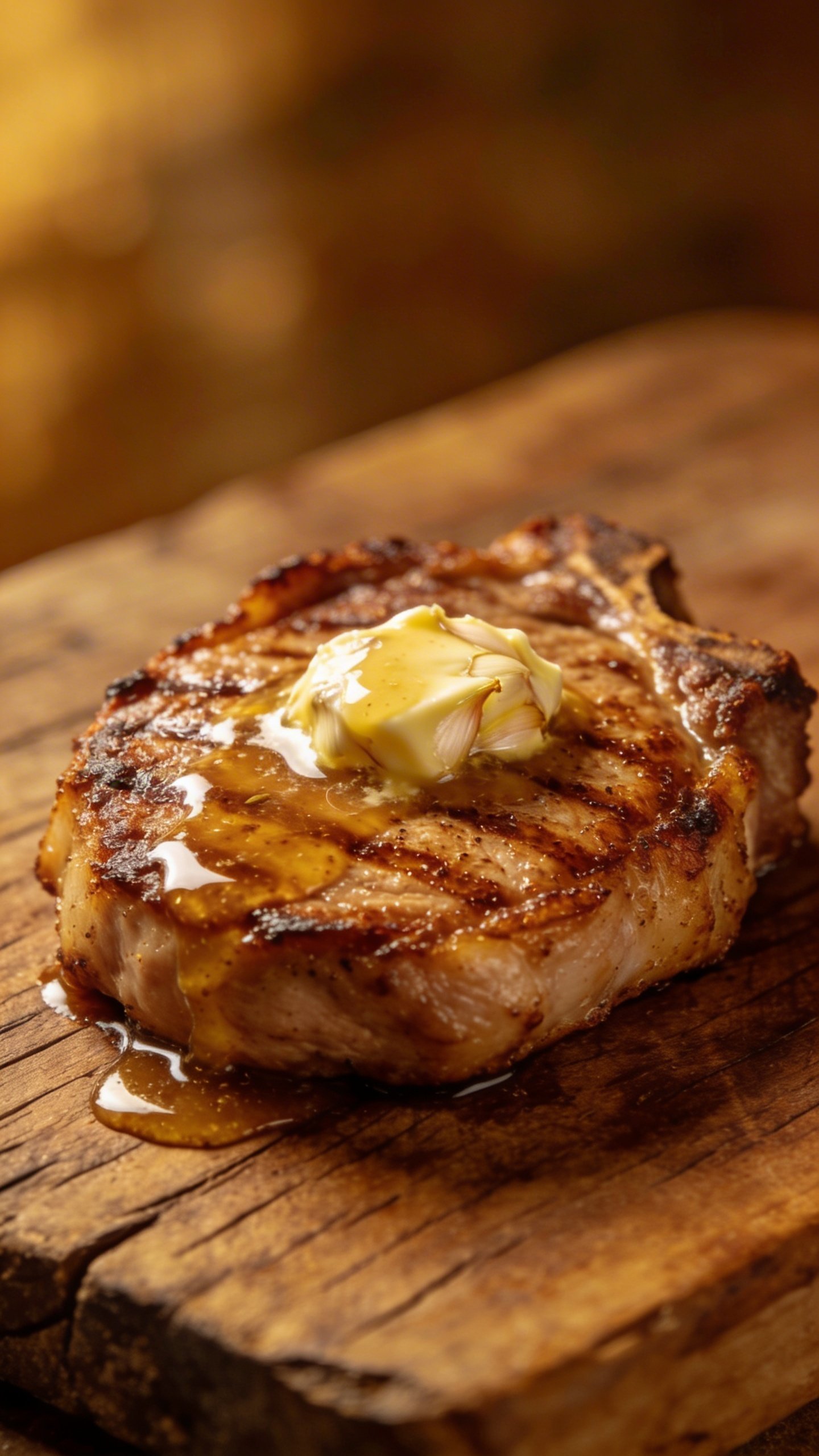 [RECIPE 1] single seared pork chop with garlic butter sauce on wood