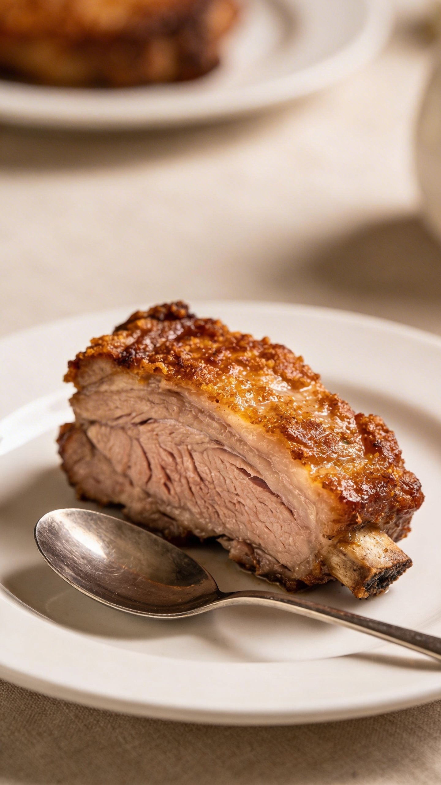 [RECIPE 2] closeup pork chop resting on white plate with spoon