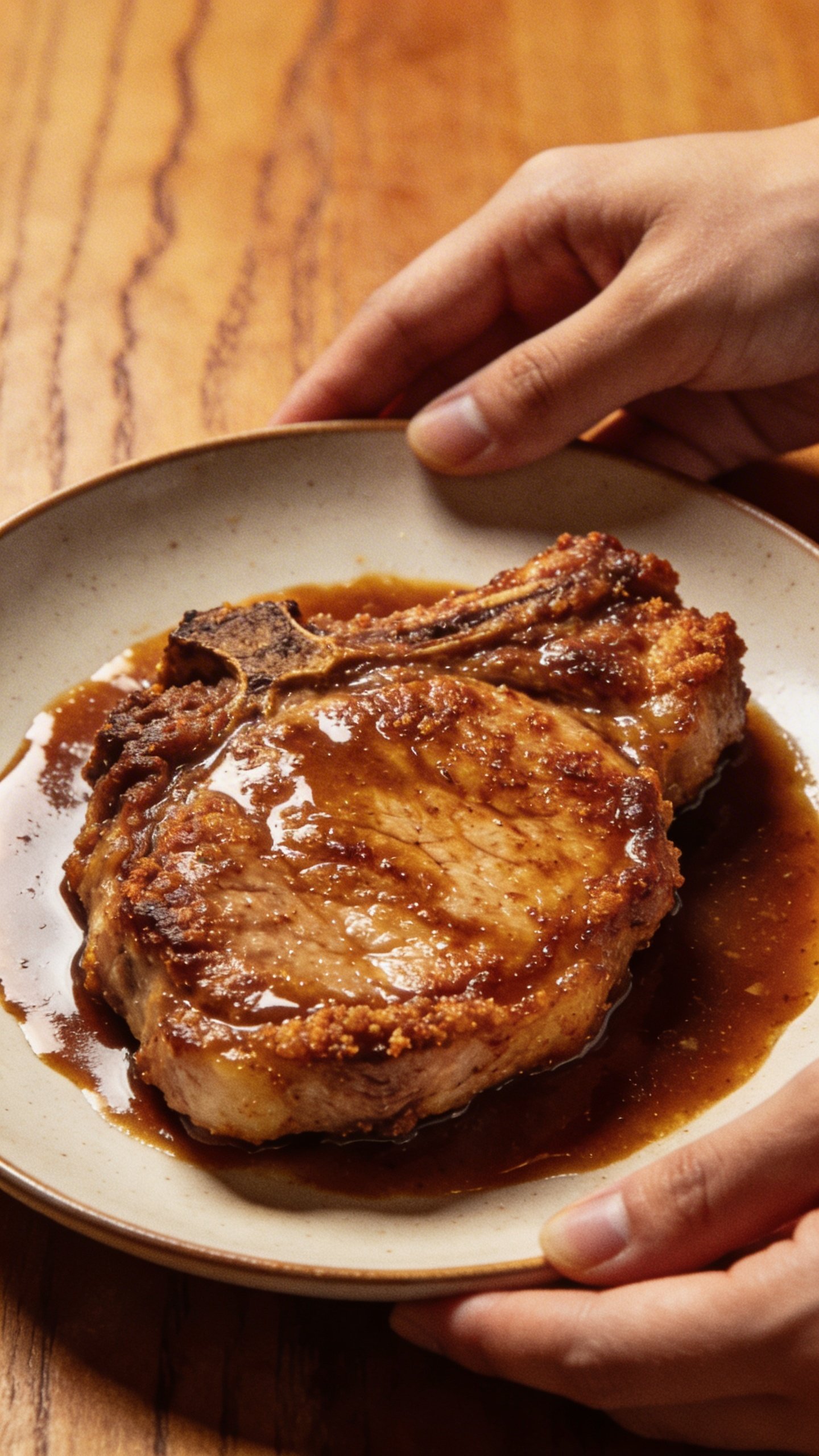 [CLOSING] plated pork chop with sauce, warm wooden surface, hands