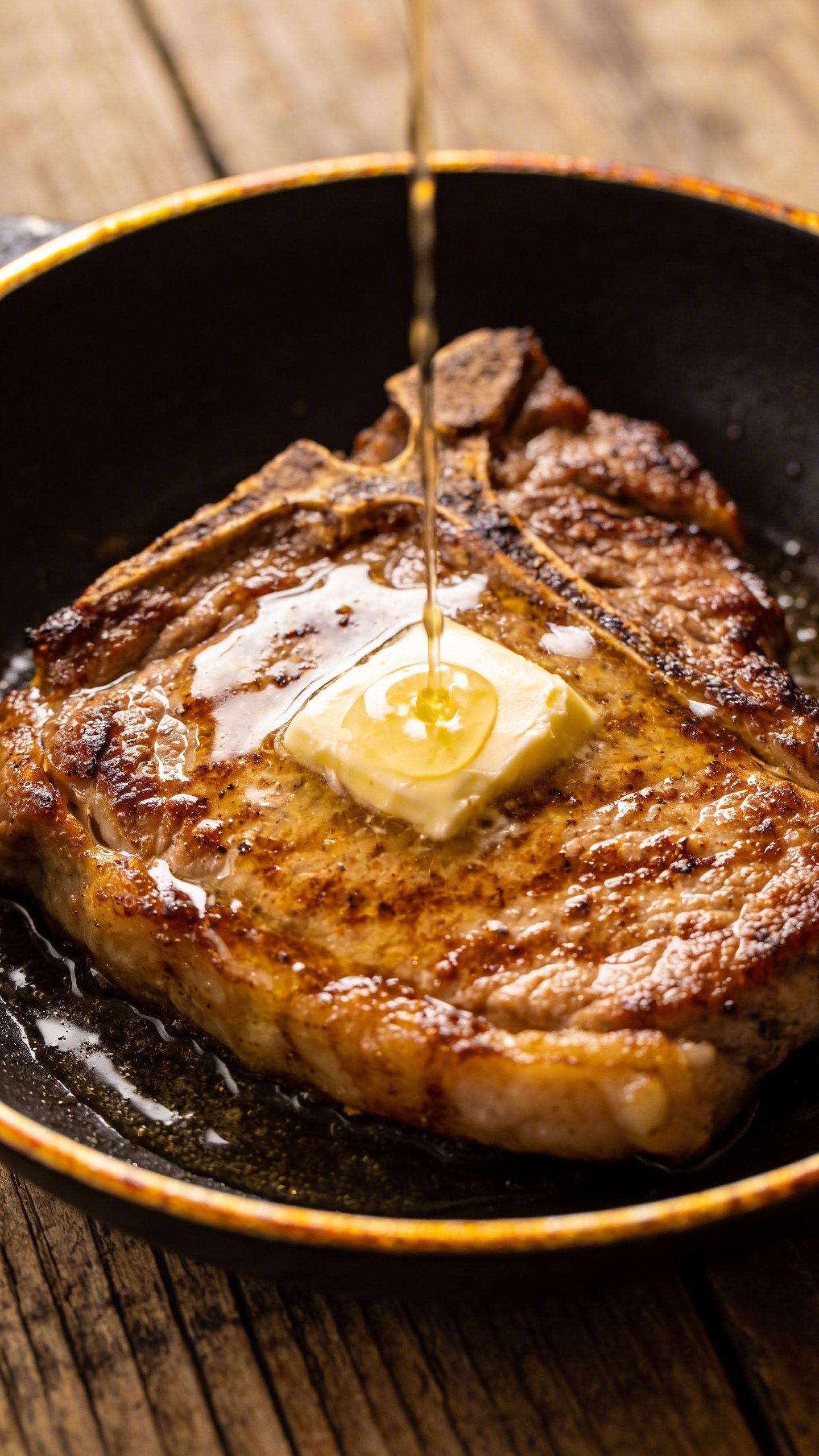 [RECIPE 3] pork chop in skillet with butter drizzle on wood table