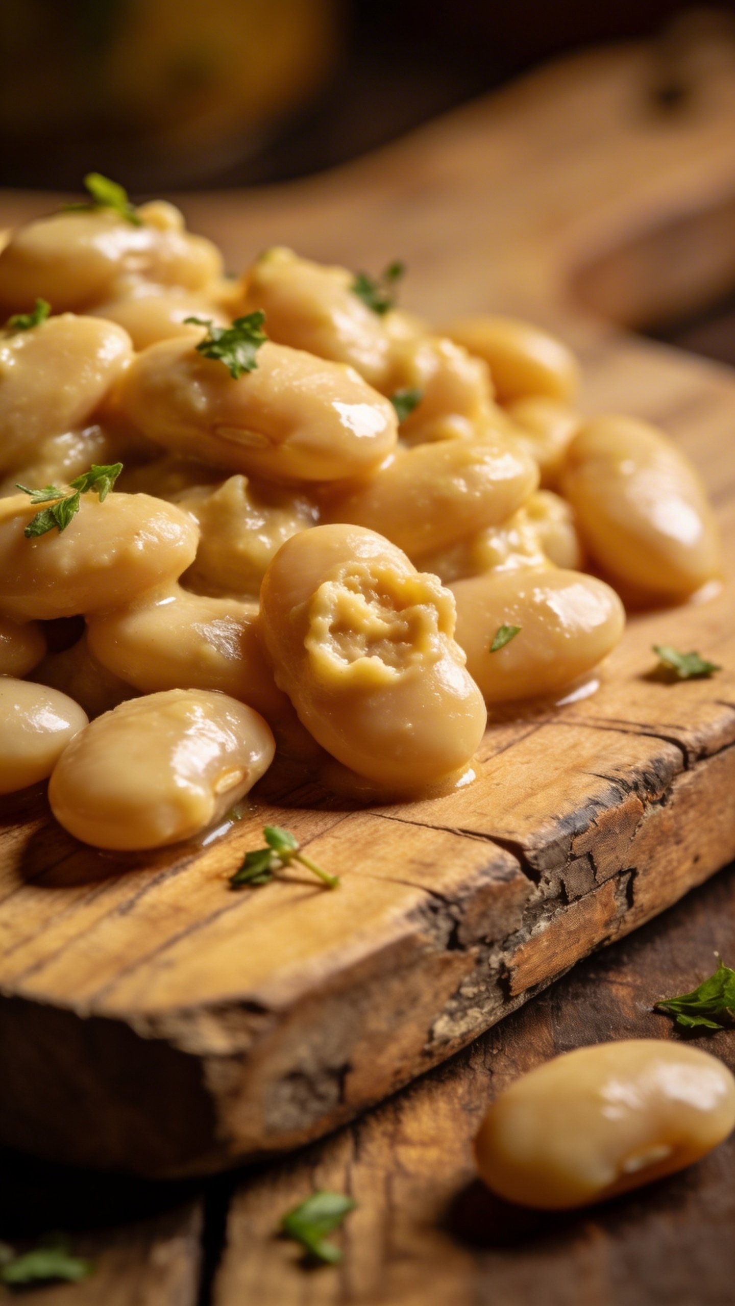 [HERO] closeup creamy Tuscan butter beans on rustic board