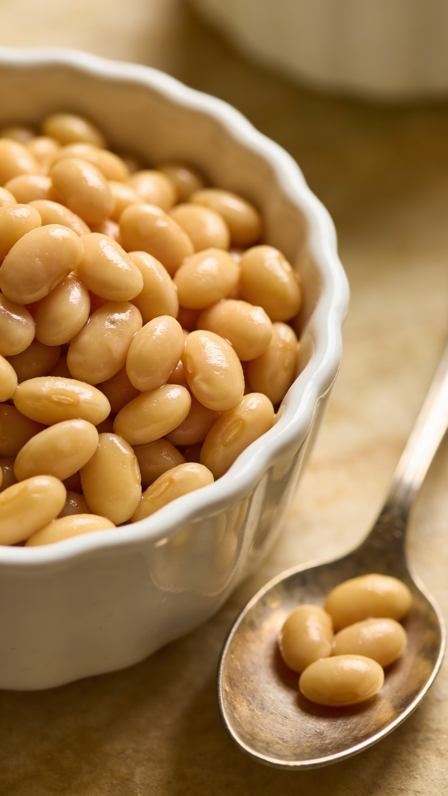 [RECIPE 1] closeup butter beans in white bowl with spoon