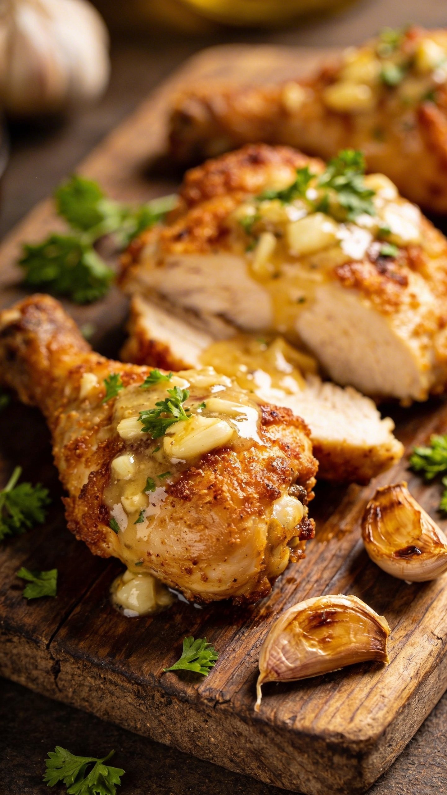 [HERO] closeup garlic butter chicken on rustic wooden board