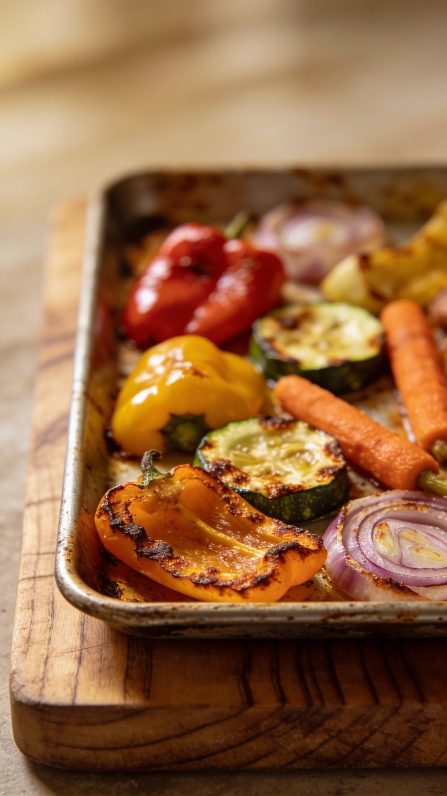[RECIPE 1] single sheet pan veggies with roasted edges on wooden board
