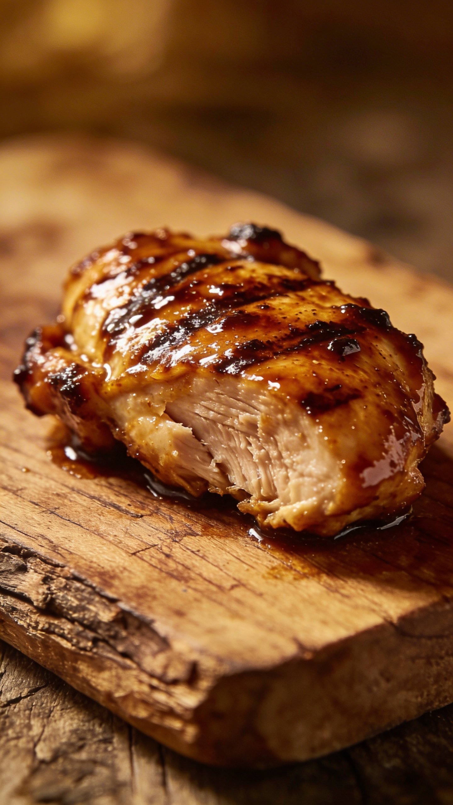 [HERO] closeup balsamic glazed chicken on rustic wooden board
