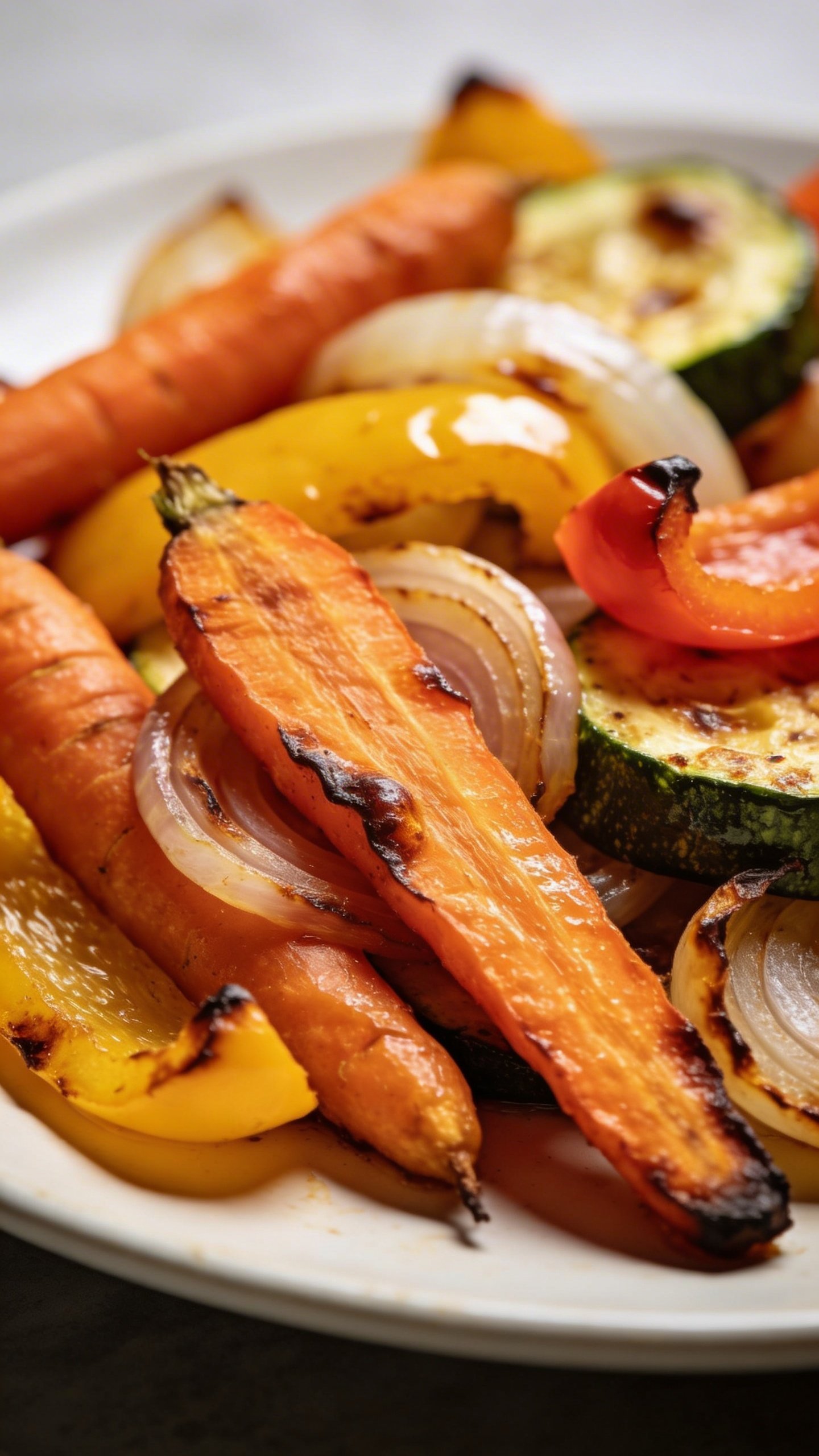 [RECIPE 1] closeup sheet-pan roasted veggies on white plate