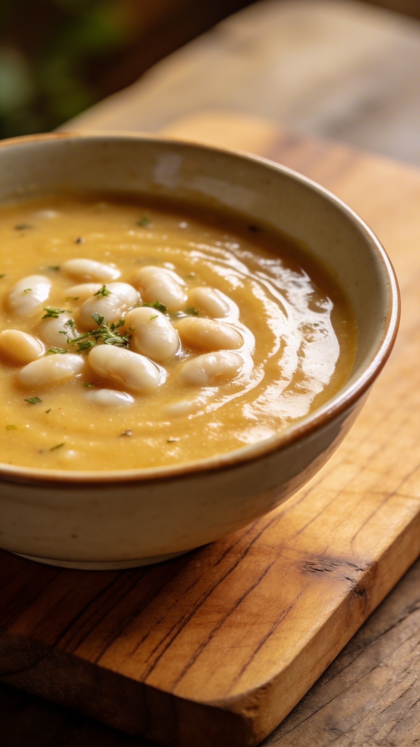 [HERO] closeup creamy Tuscan white bean soup on wooden board