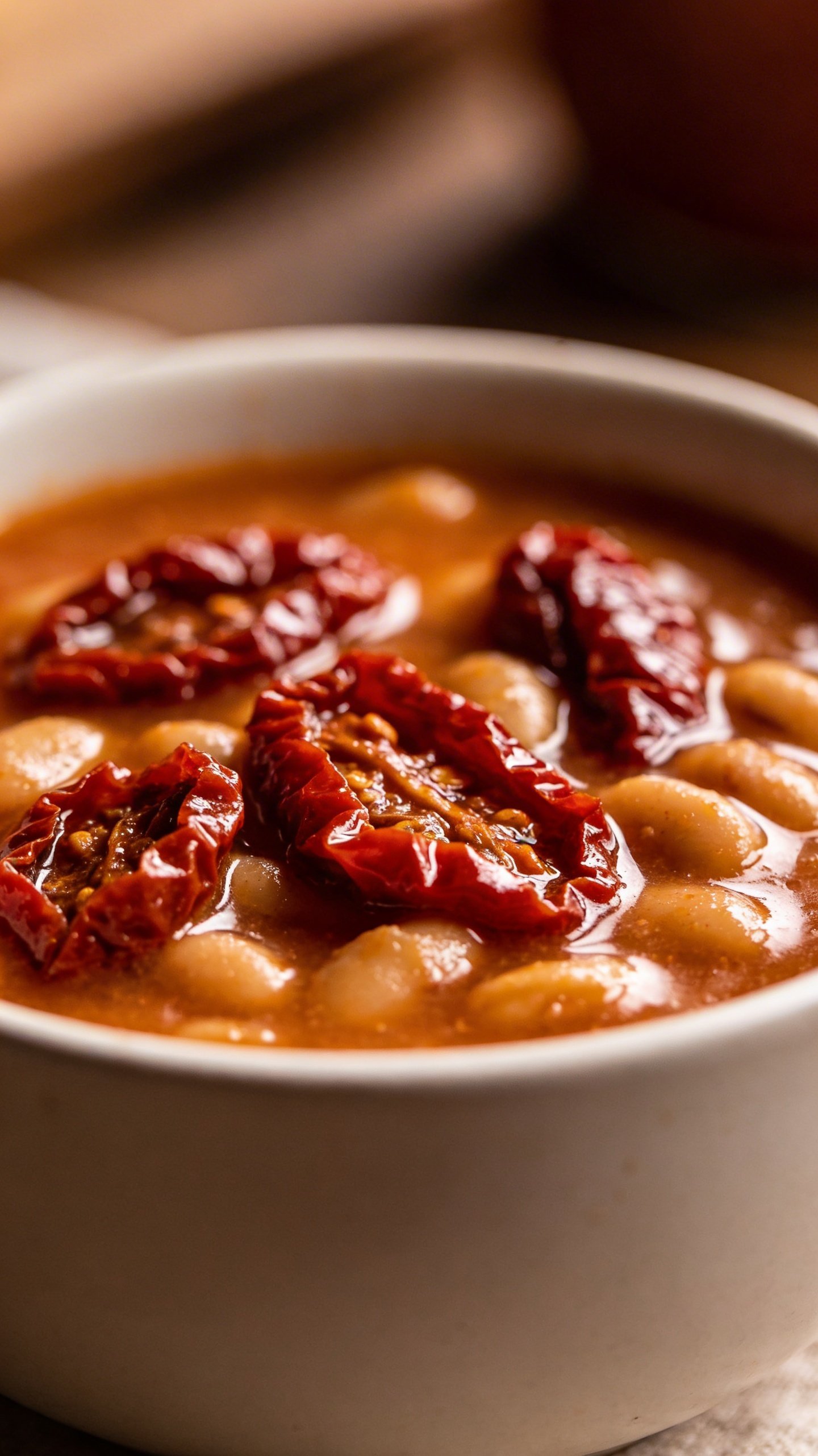 [RECIPE 1] closeup sun-dried tomato bean soup in white bowl