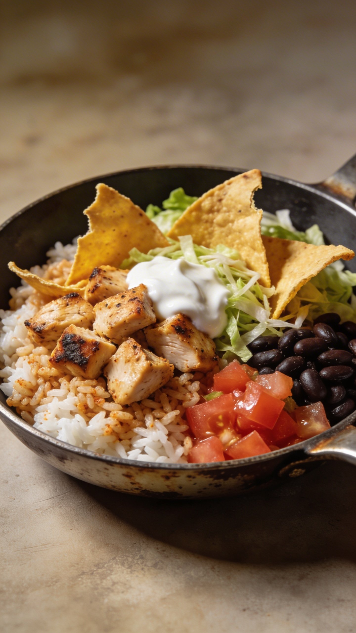 [RECIPE 1] single skillet chicken taco rice bowl closeup