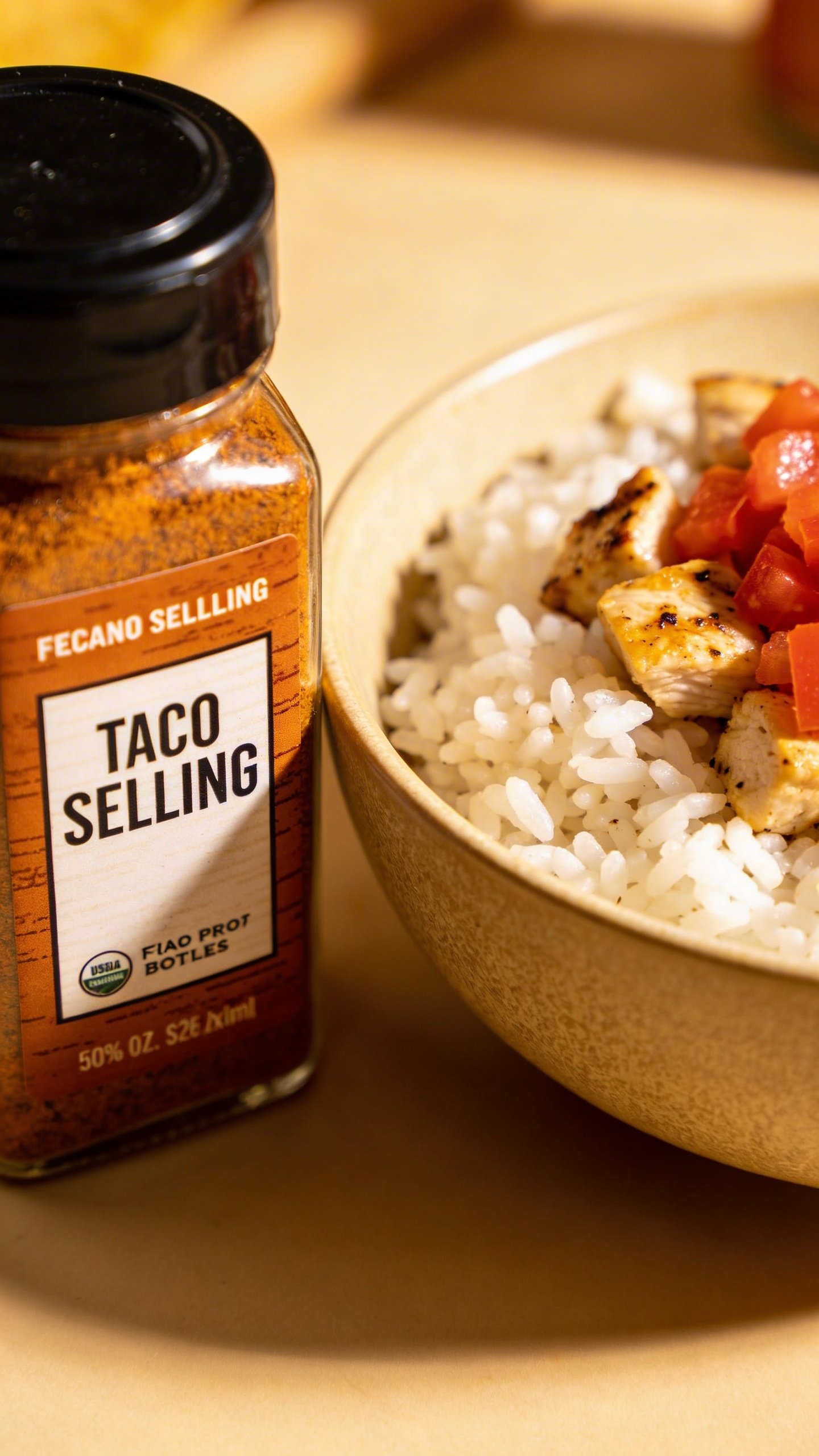 [RECIPE 2] closeup of taco seasoning bottle with rice bowl