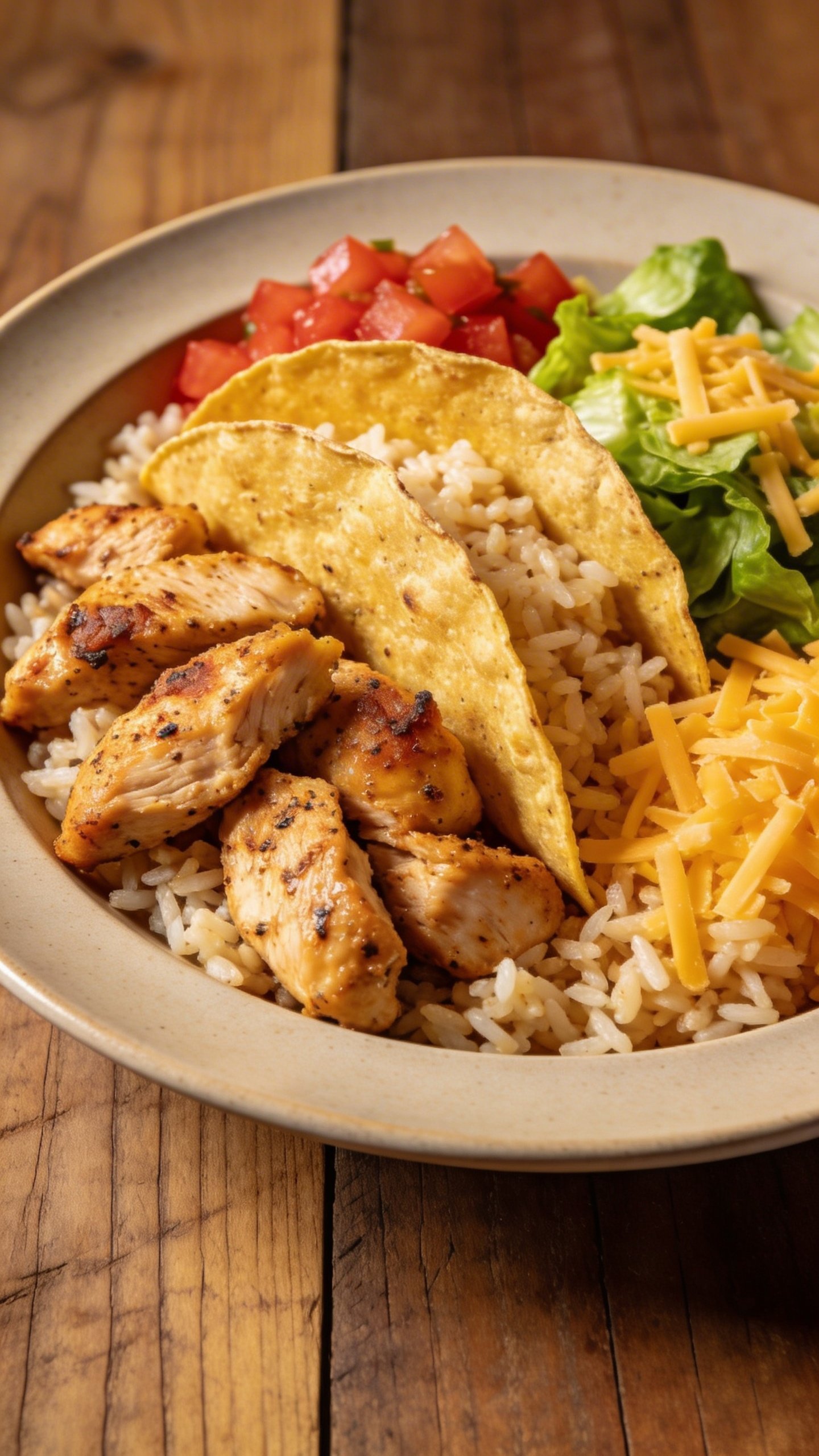 [CLOSING] plated chicken taco rice bowl on wooden surface