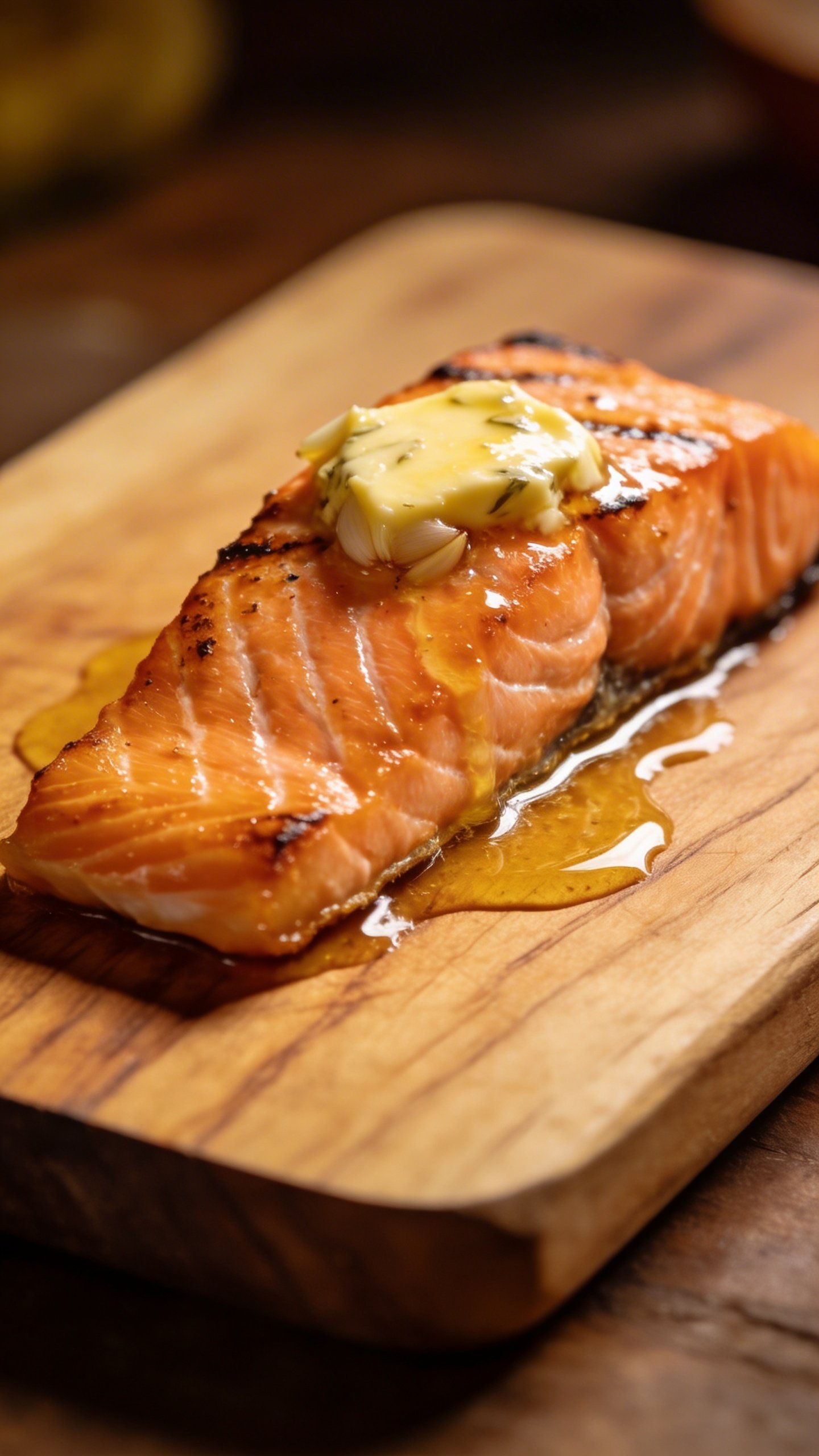 [HERO] salmon fillet with garlic butter glisten on wooden board