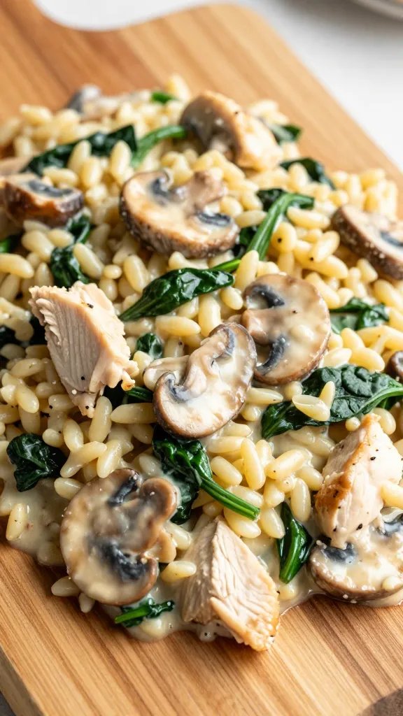 [HERO] closeup creamy spinach mushroom orzo with chicken on wooden board