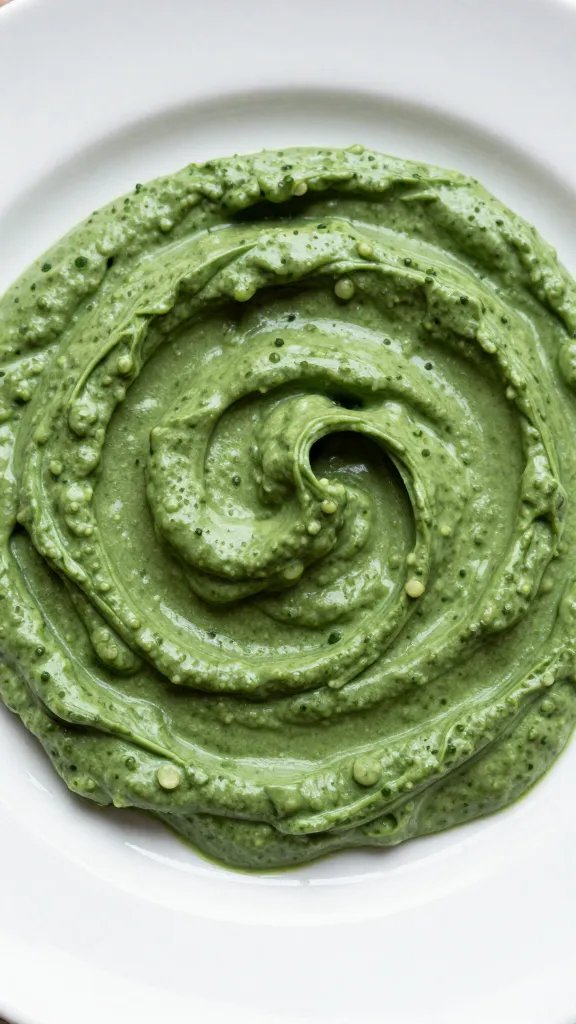 [RECIPE 2] closeup creamy spinach swirl on white ceramic plate