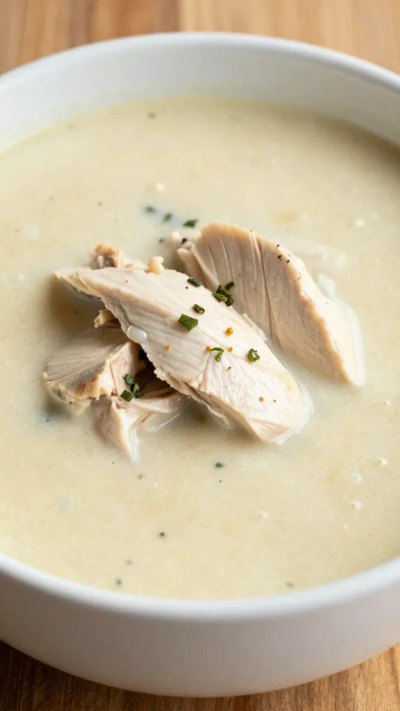 [HERO] closeup of white chicken enchilada soup in white bowl on wood