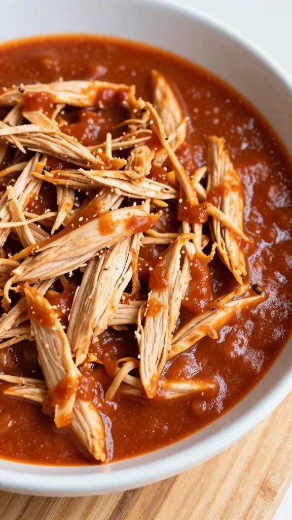 [RECIPE 1] closeup of shredded chicken and enchilada sauce in bowl on board