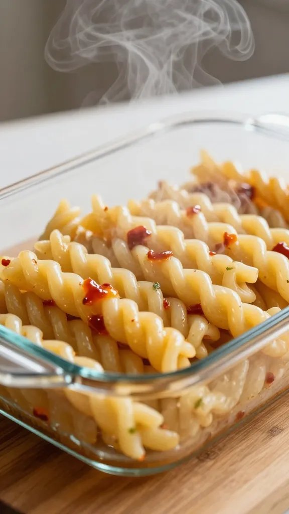 [RECIPE 1] closeup ziti steaming in glass baking dish on wood