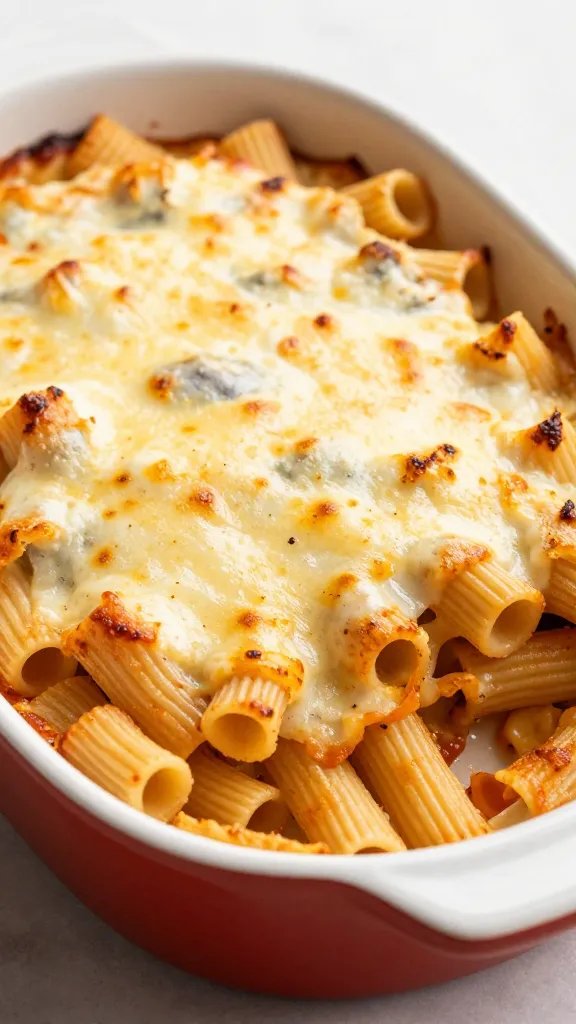 [RECIPE 3] baked ziti bubbling with cheese in ceramic dish