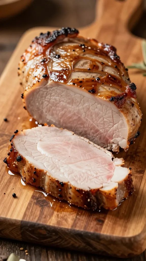 [HERO] Pork tenderloin slice on rustic wooden board, shallow depth