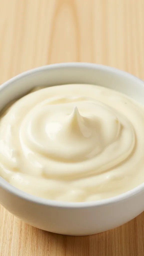 [RECIPE 1] Dijon cream sauce swirl in white bowl, soft wood backdrop