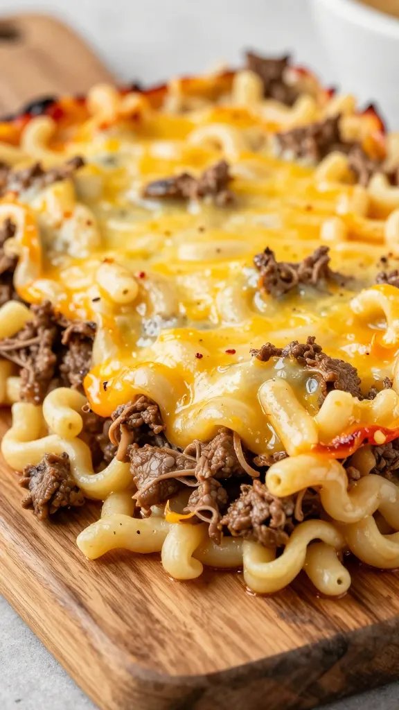 [HERO] Cheesy beef and noodle casserole closeup on rustic board