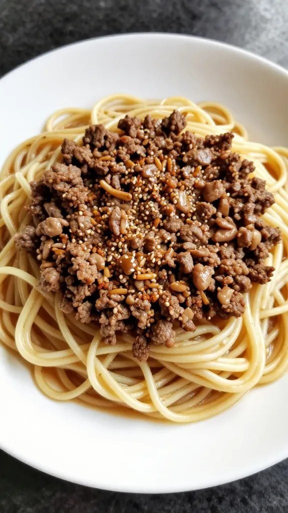 [RECIPE 1] Ground beef mound with noodles in white dish